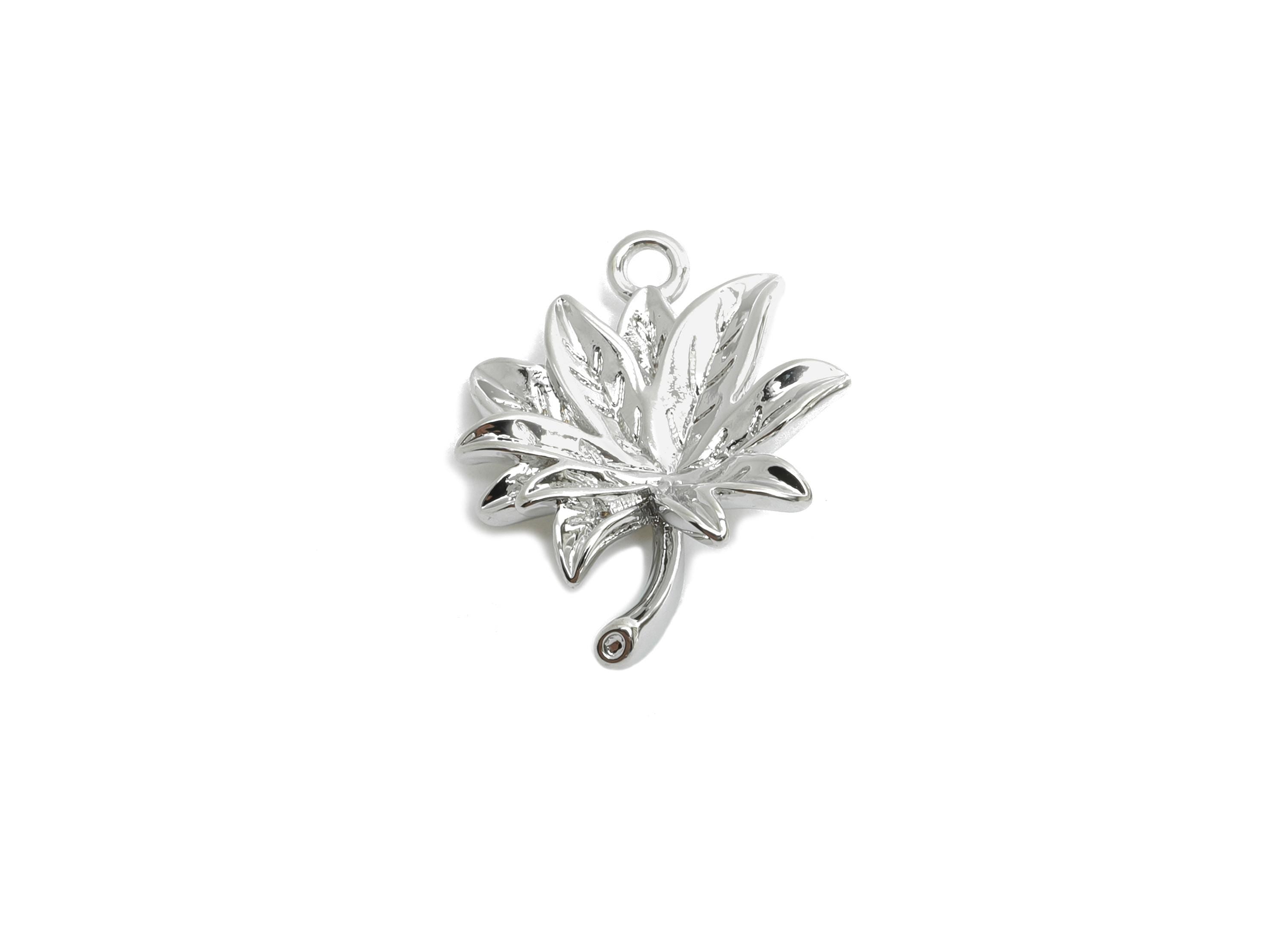 Brass Maple Leaf Earring Charm - Textured Silver Leaf Plant Pendant - Jewelry Accessories - 18K White Gold Plated - 18.6x14x3.4mm - RGP9926S - DOMEDBAZAAR