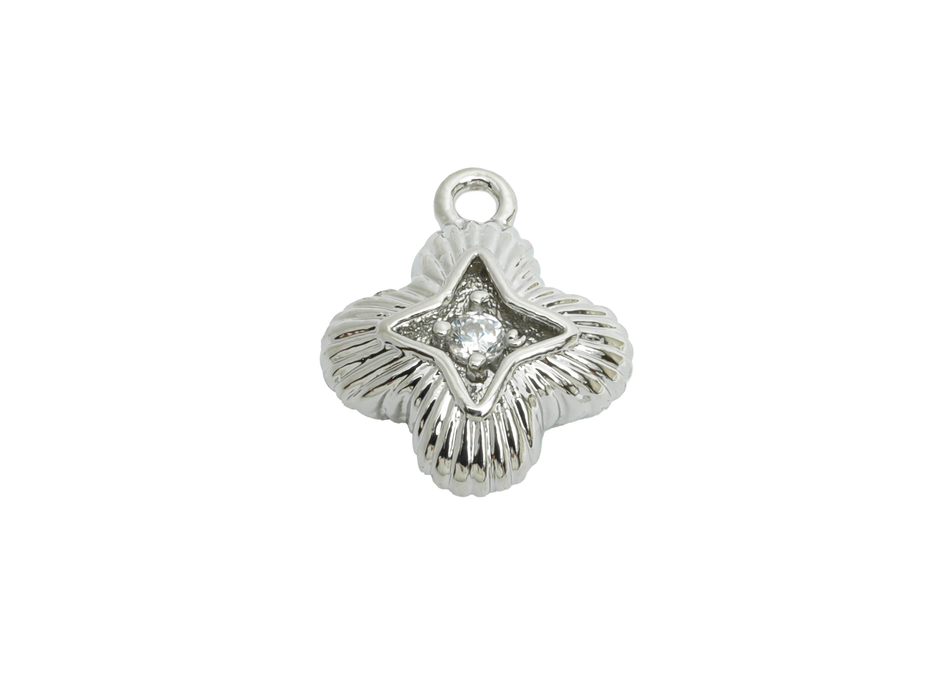 Brass Star Earring Charms - Textured Silver Zircon Four-Leaf Clover Charm - Sparkling Jewelry - 18K White Gold Plated - 12x10x4mm - RGP9914S - DOMEDBAZAAR