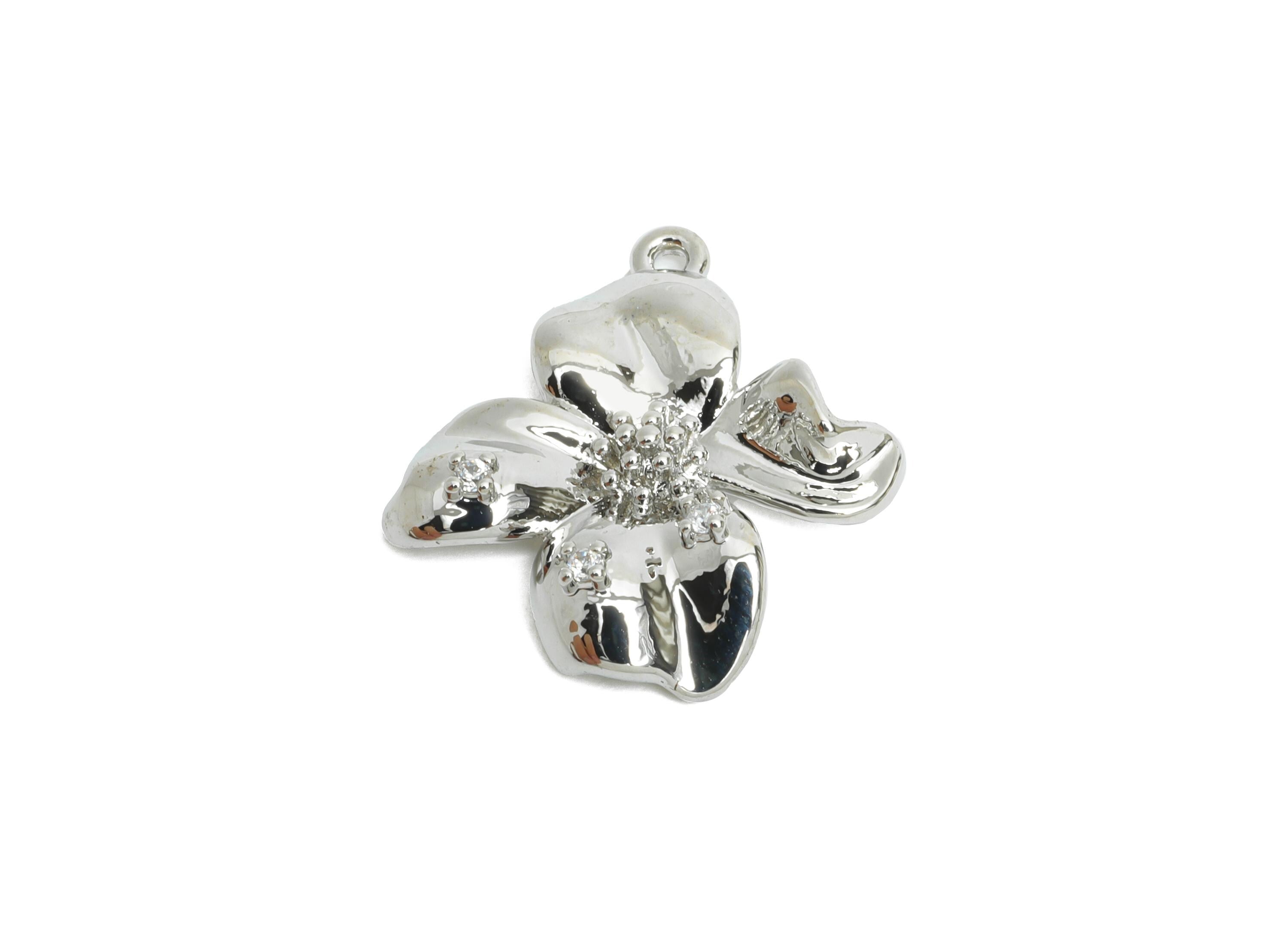 Brass Flower Earring Charms - Textured Silver Zircon Botanical Pendant- Refined Jewelry - 18K Real White Gold Plated - 19x15x3mm - RGP9927S - DOMEDBAZAAR