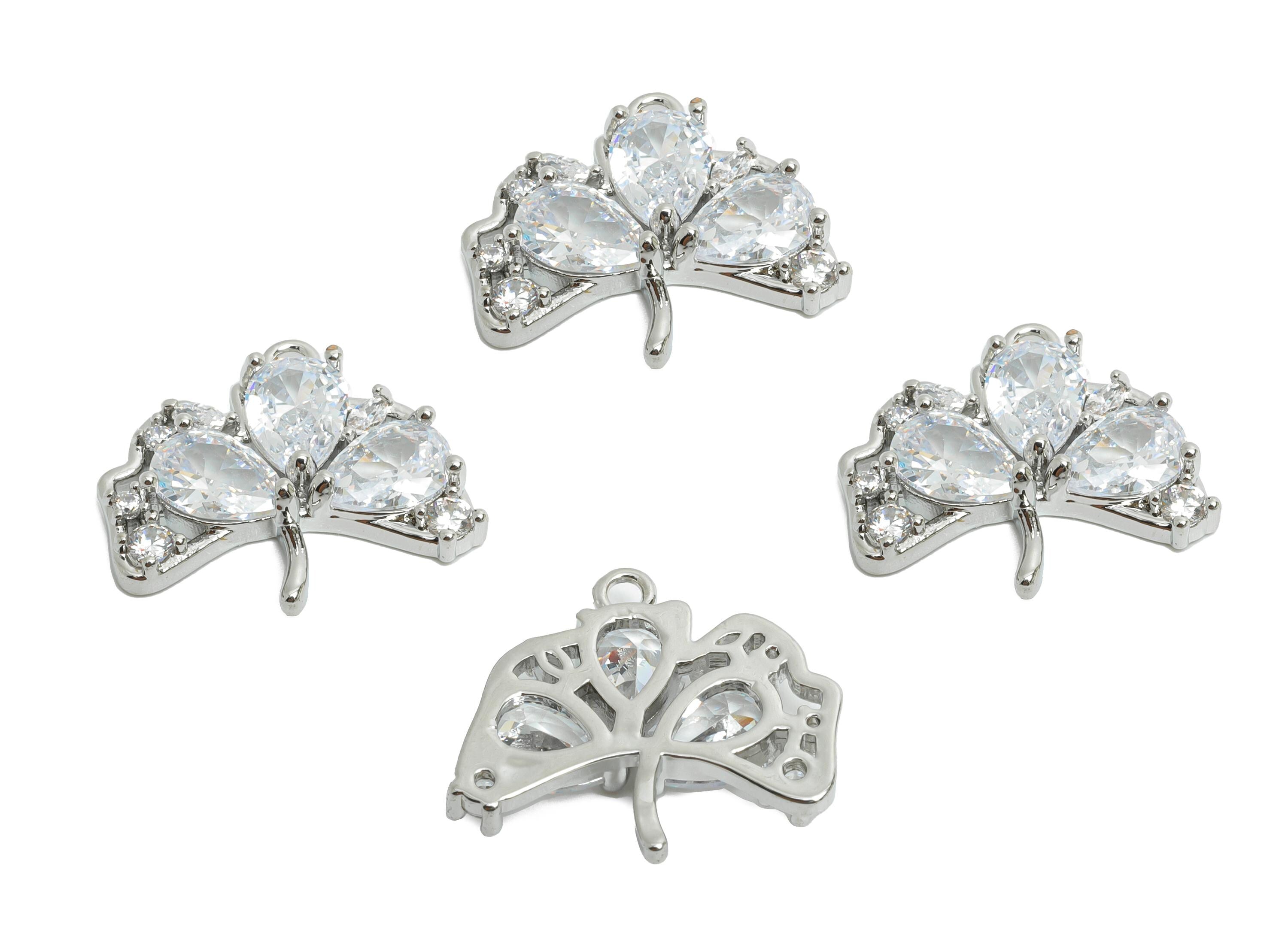 Brass Ginkgo Leaf Earring Charm - Textured Silver Zircon Leaf Pendant - Sparkling Jewelry - 18K White Gold Plated - 18x16x3.7mm - RGP9894S - DOMEDBAZAAR