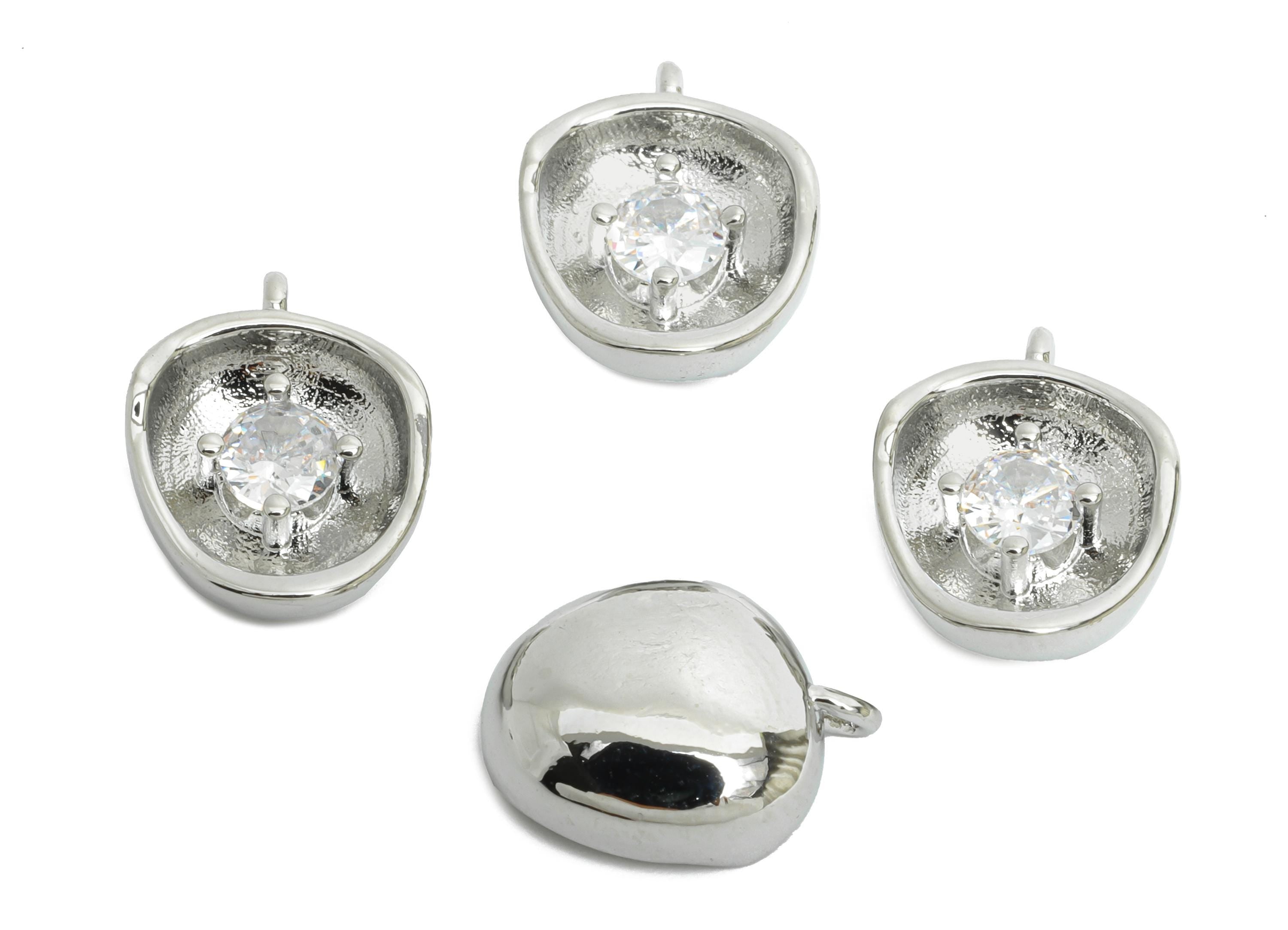 Brass Domed Artistic Earring Charm - Silver Glimmering Stone Charm - Zircon Geometric Jewelry - 18K White Gold Plated -13x10x3.92mm-RGP9929S - DOMEDBAZAAR