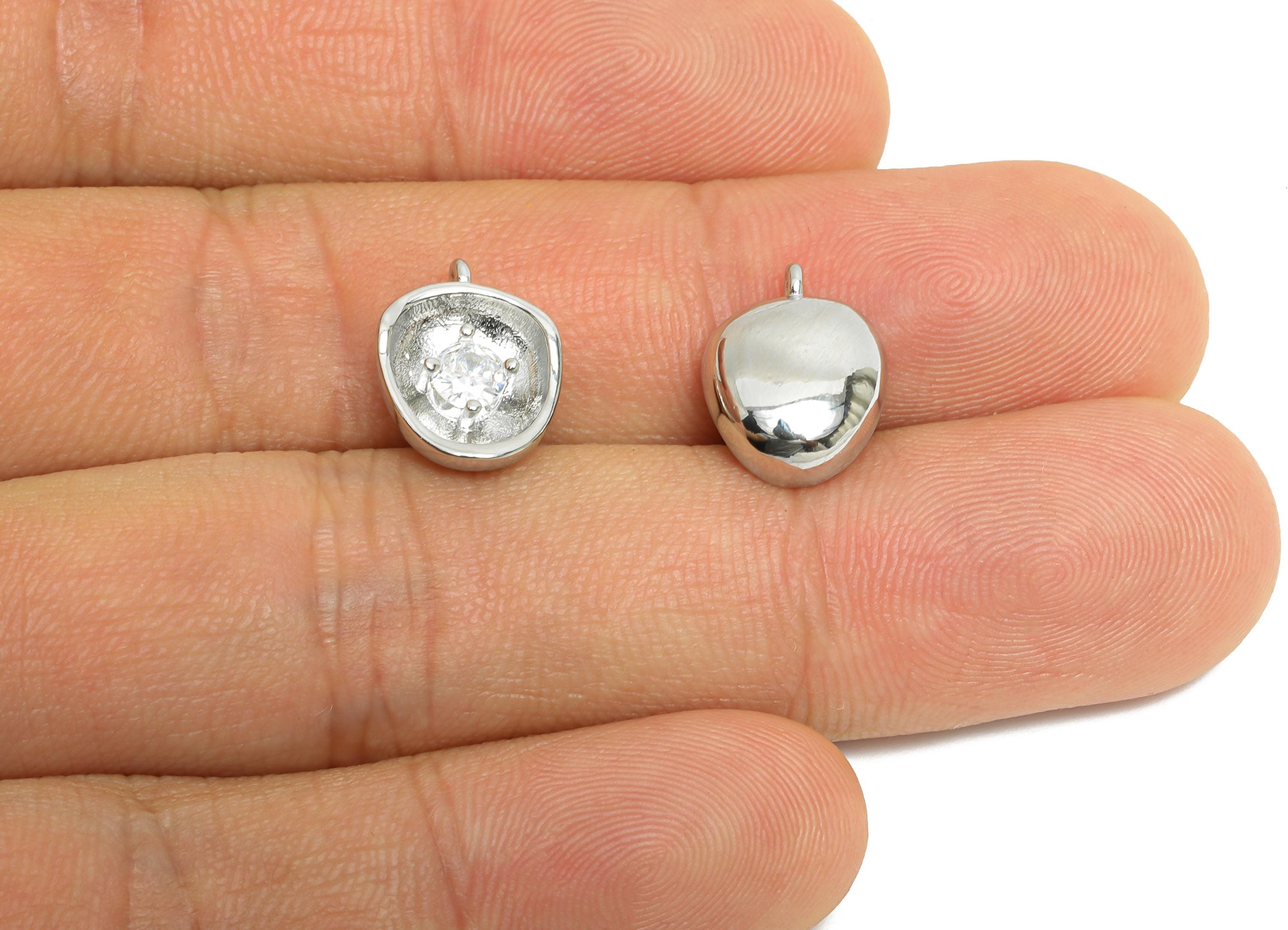 Brass Domed Artistic Earring Charm - Silver Glimmering Stone Charm - Zircon Geometric Jewelry - 18K White Gold Plated -13x10x3.92mm-RGP9929S - DOMEDBAZAAR