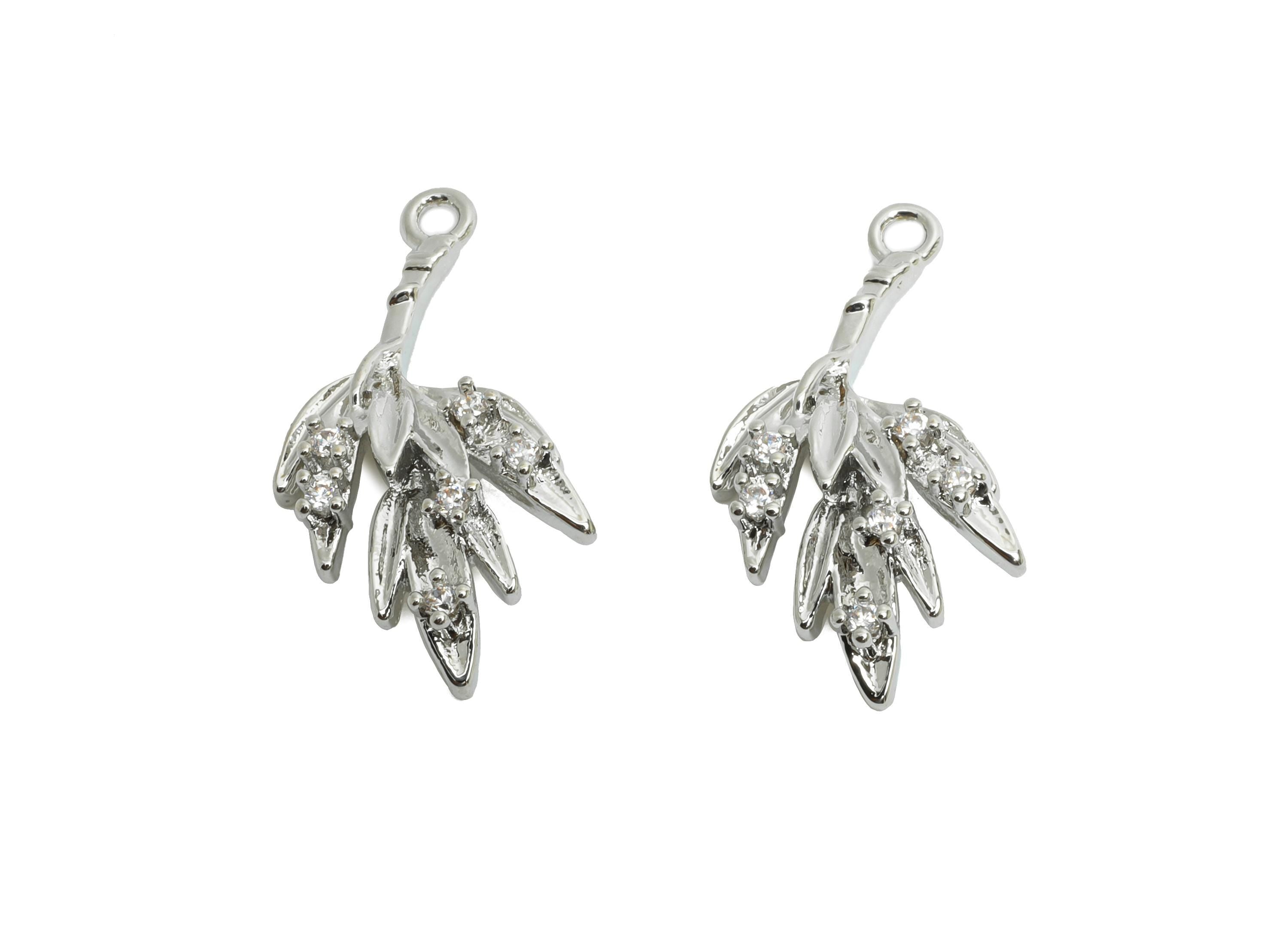 Brass Leaf Earring Charms - Silver Luxury Zircon Leaf Charm - Refined Botanical Jewelry - 18K Real White Gold Plated -20x10x3mm - RGP9931S - DOMEDBAZAAR