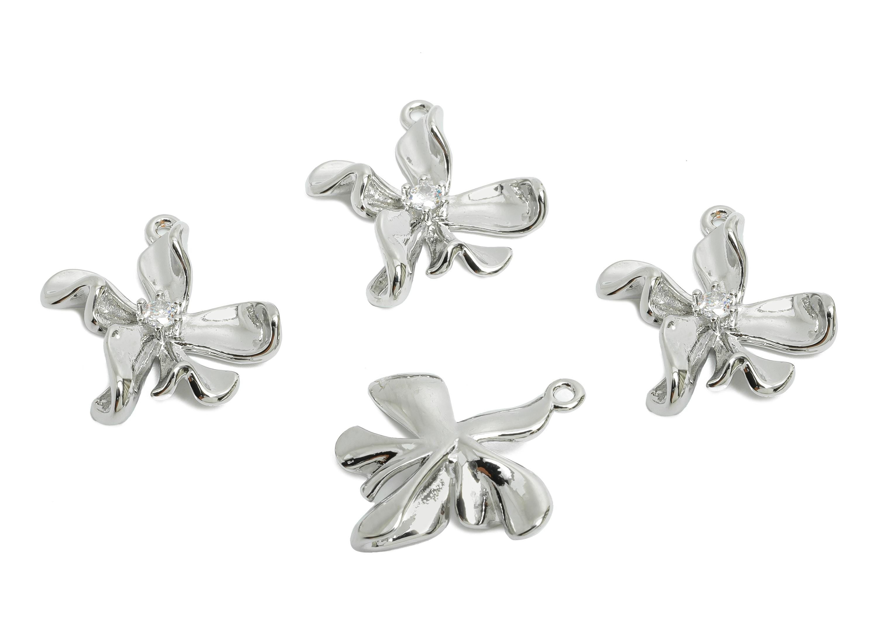 Brass Flower Charm - Silver Flora Earring Charm - Cubic Zircon Nature Jewelry Pendant - 18K Real White Gold Plated - 20x15x4.7mm - RGP9921S - DOMEDBAZAAR