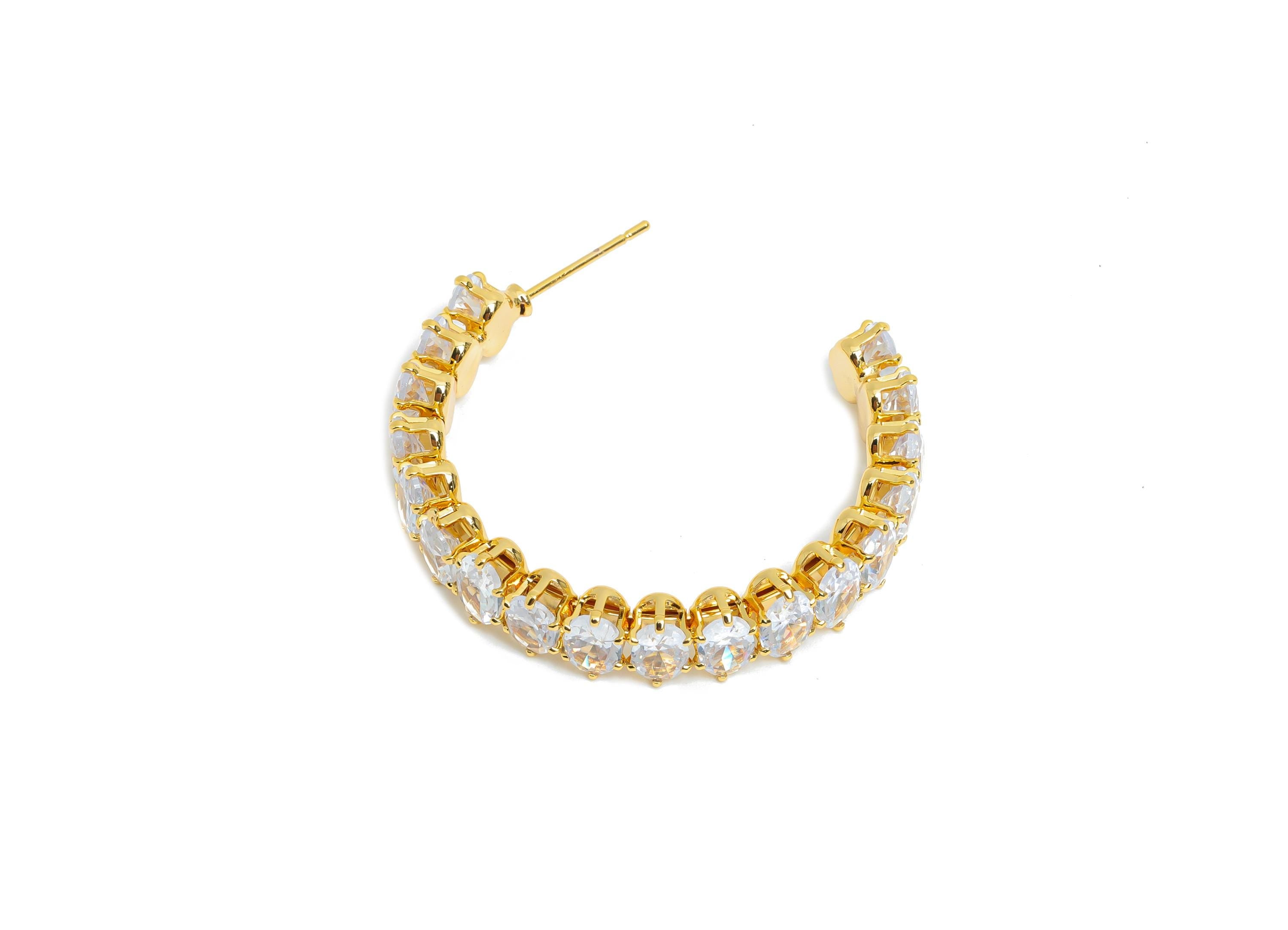 Sparkling C Hoop Post - Inlay Oval Glass Earring Stud - Refined Gold Brass Open C Post - 18K Real Gold Plated Brass - 35x30x7mm - RGP9945 - DOMEDBAZAAR