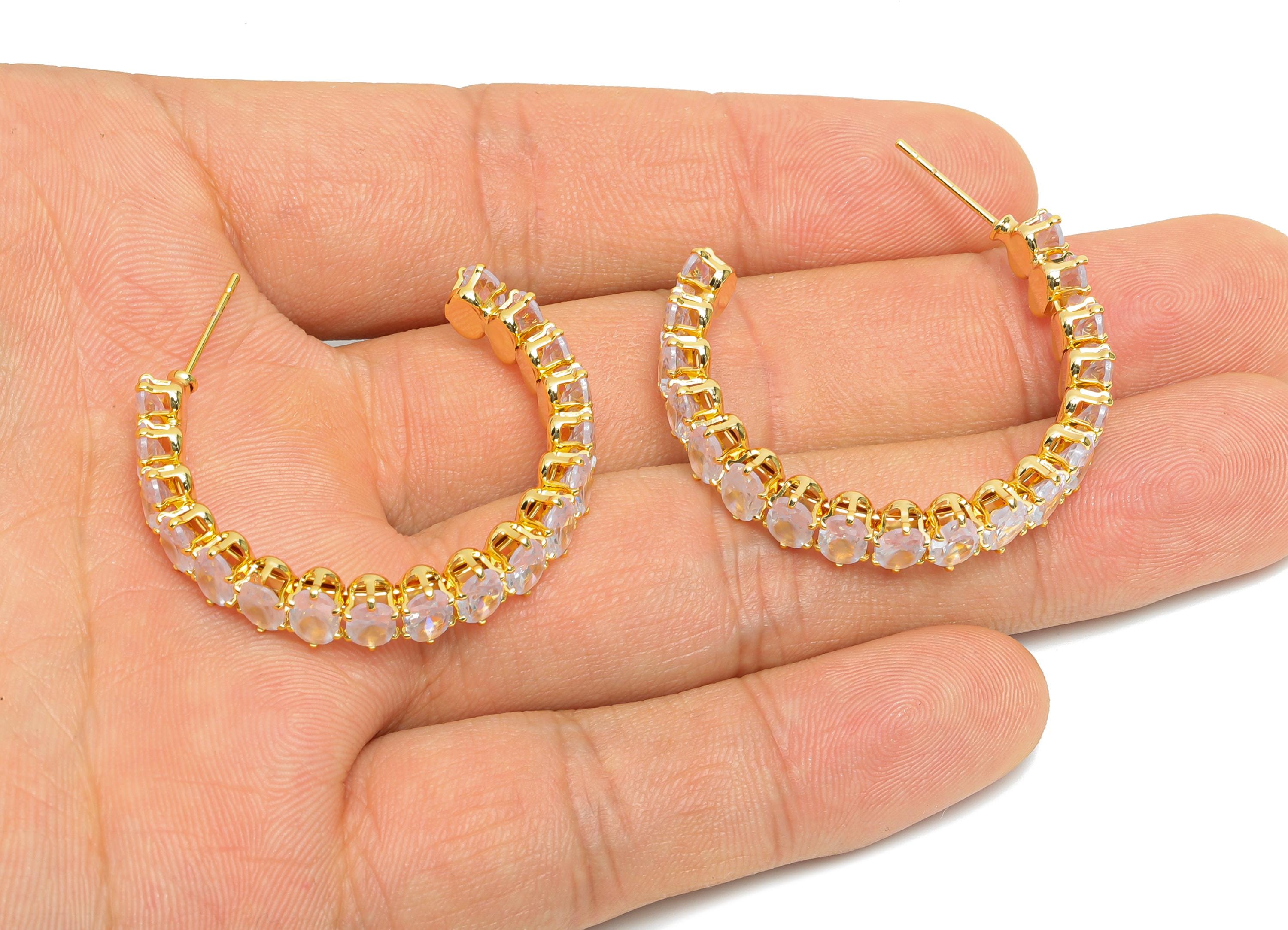 Sparkling C Hoop Post - Inlay Oval Glass Earring Stud - Refined Gold Brass Open C Post - 18K Real Gold Plated Brass - 35x30x7mm - RGP9945 - DOMEDBAZAAR