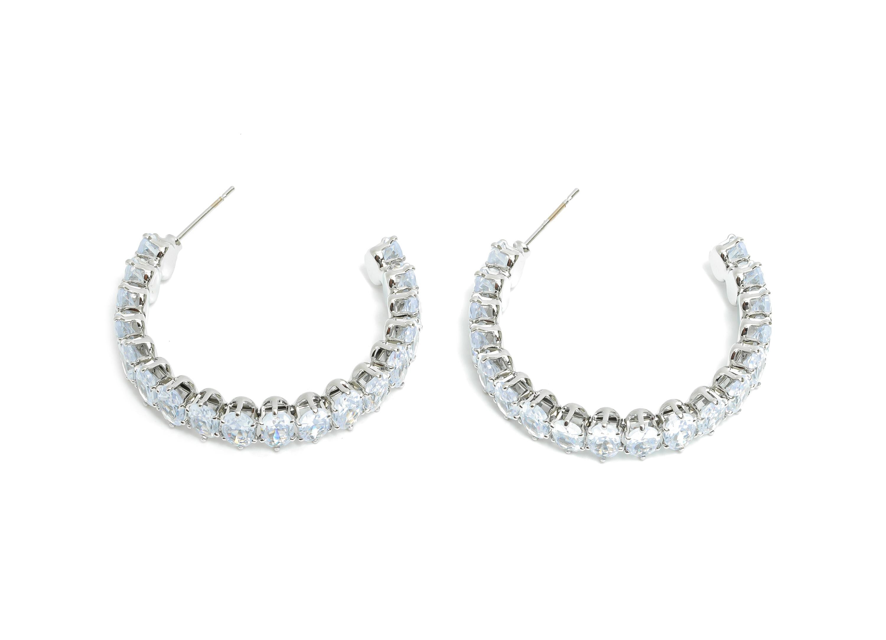 Sparkling C Hoop Post - Inlay Oval Glass Earring Stud - Refined Silver Brass Open C Post - 18K White Gold Plated Brass - 35x30x7mm -RGP9945S - DOMEDBAZAAR
