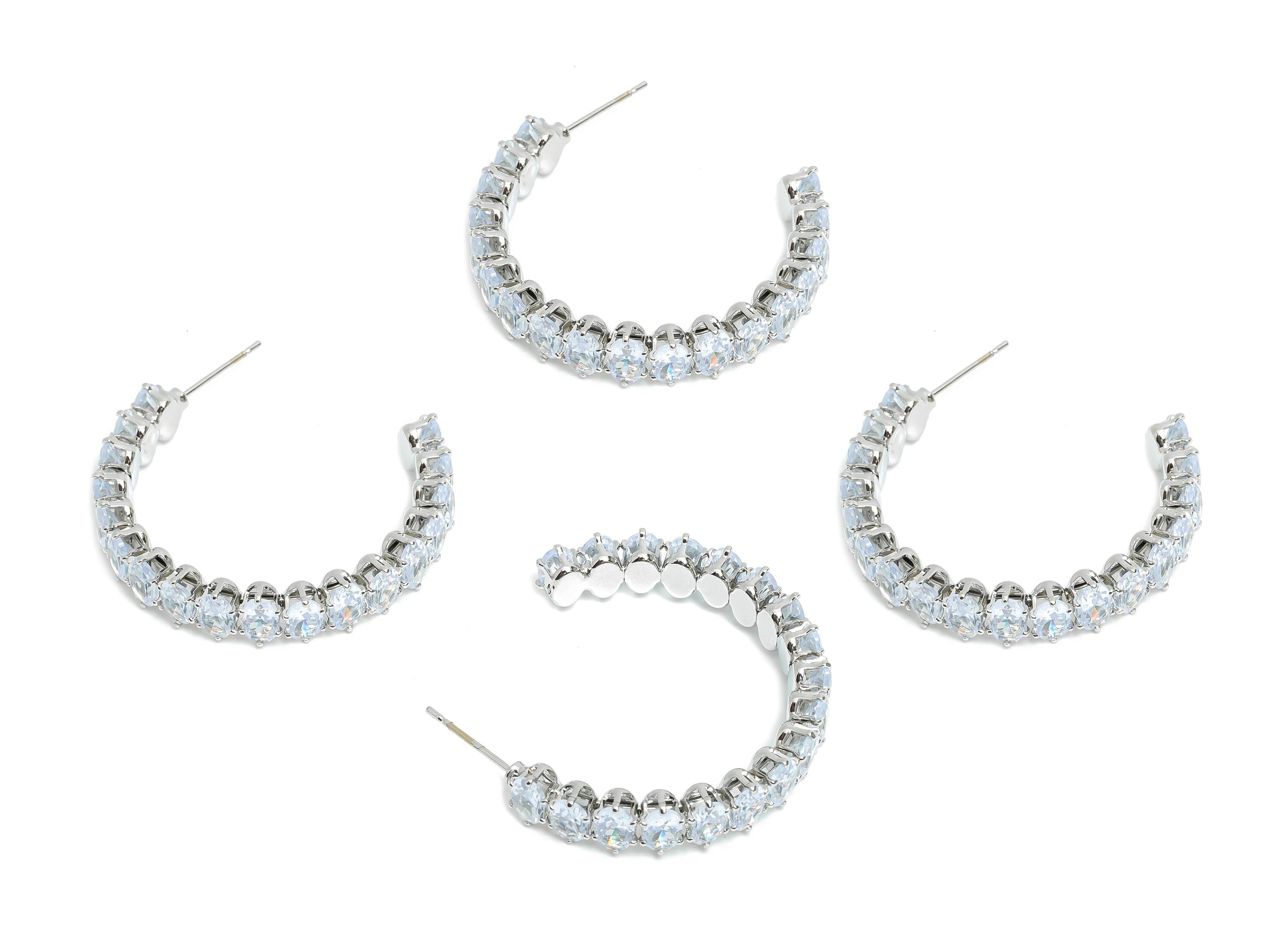 Sparkling C Hoop Post - Inlay Oval Glass Earring Stud - Refined Silver Brass Open C Post - 18K White Gold Plated Brass - 35x30x7mm -RGP9945S - DOMEDBAZAAR