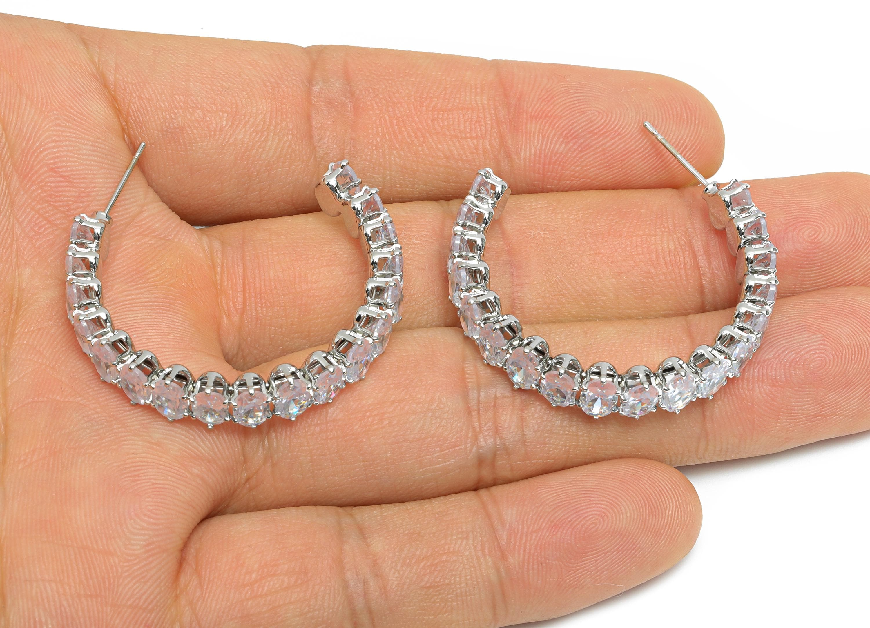 Sparkling C Hoop Post - Inlay Oval Glass Earring Stud - Refined Silver Brass Open C Post - 18K White Gold Plated Brass - 35x30x7mm -RGP9945S - DOMEDBAZAAR