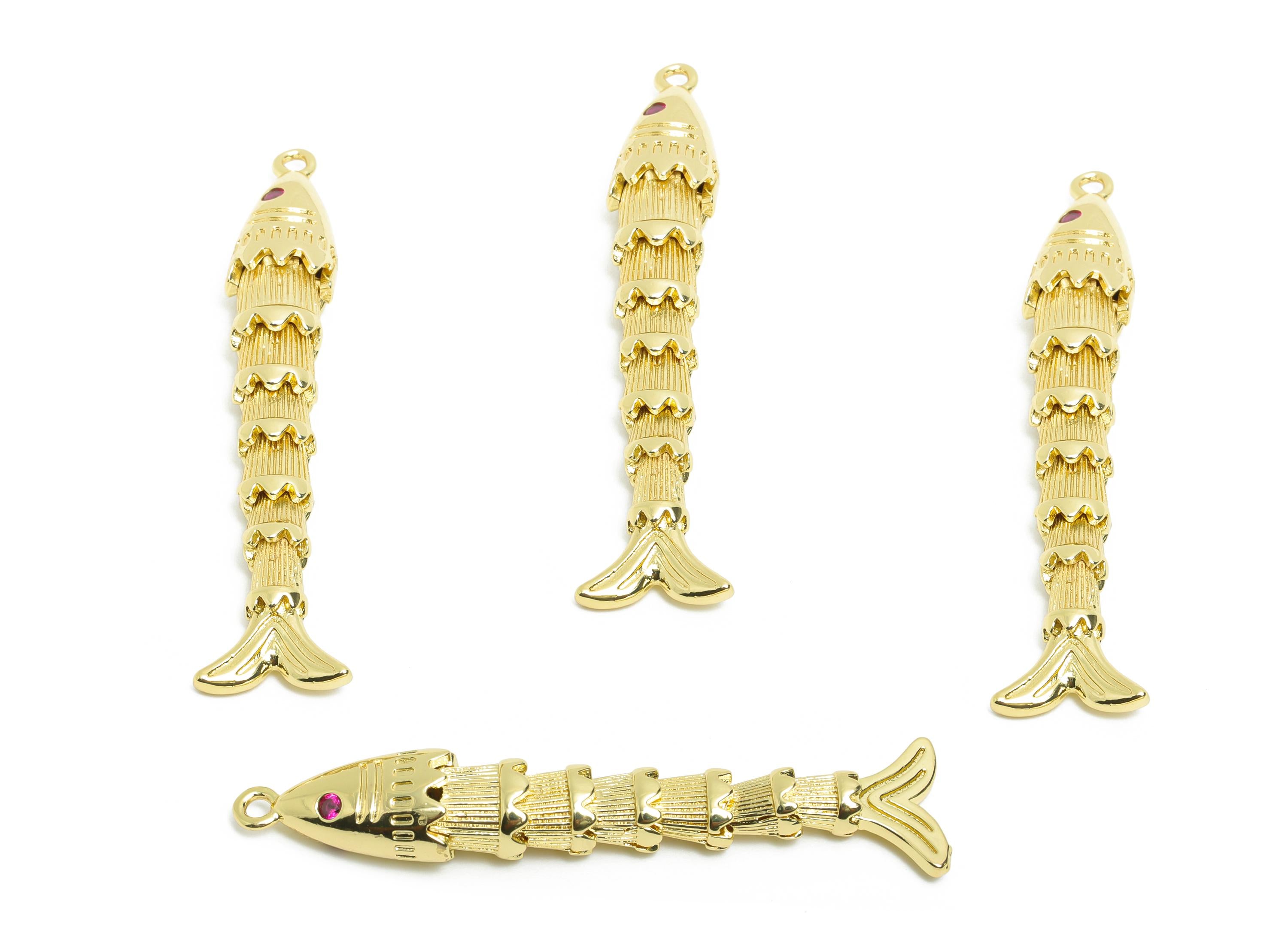 Movable 3D Articulated Fish Charm - Brass CZ Articulated Fish Flexible Pendant - Marine Pendant - 18K Real Gold Plated - 48x8x6mm - RGP10745 - DOMEDBAZAAR