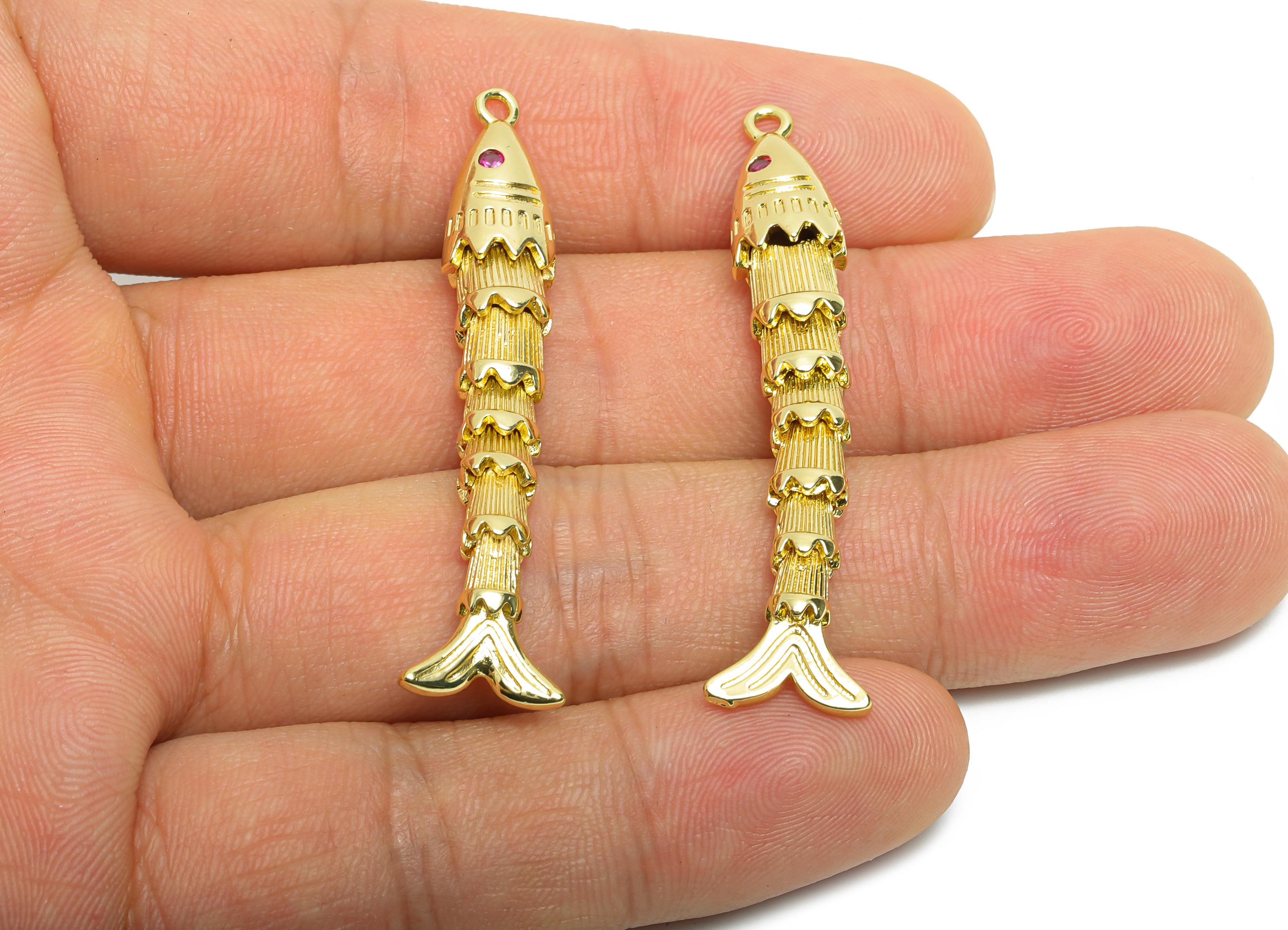 Movable 3D Articulated Fish Charm - Brass CZ Articulated Fish Flexible Pendant - Marine Pendant - 18K Real Gold Plated - 48x8x6mm - RGP10745 - DOMEDBAZAAR