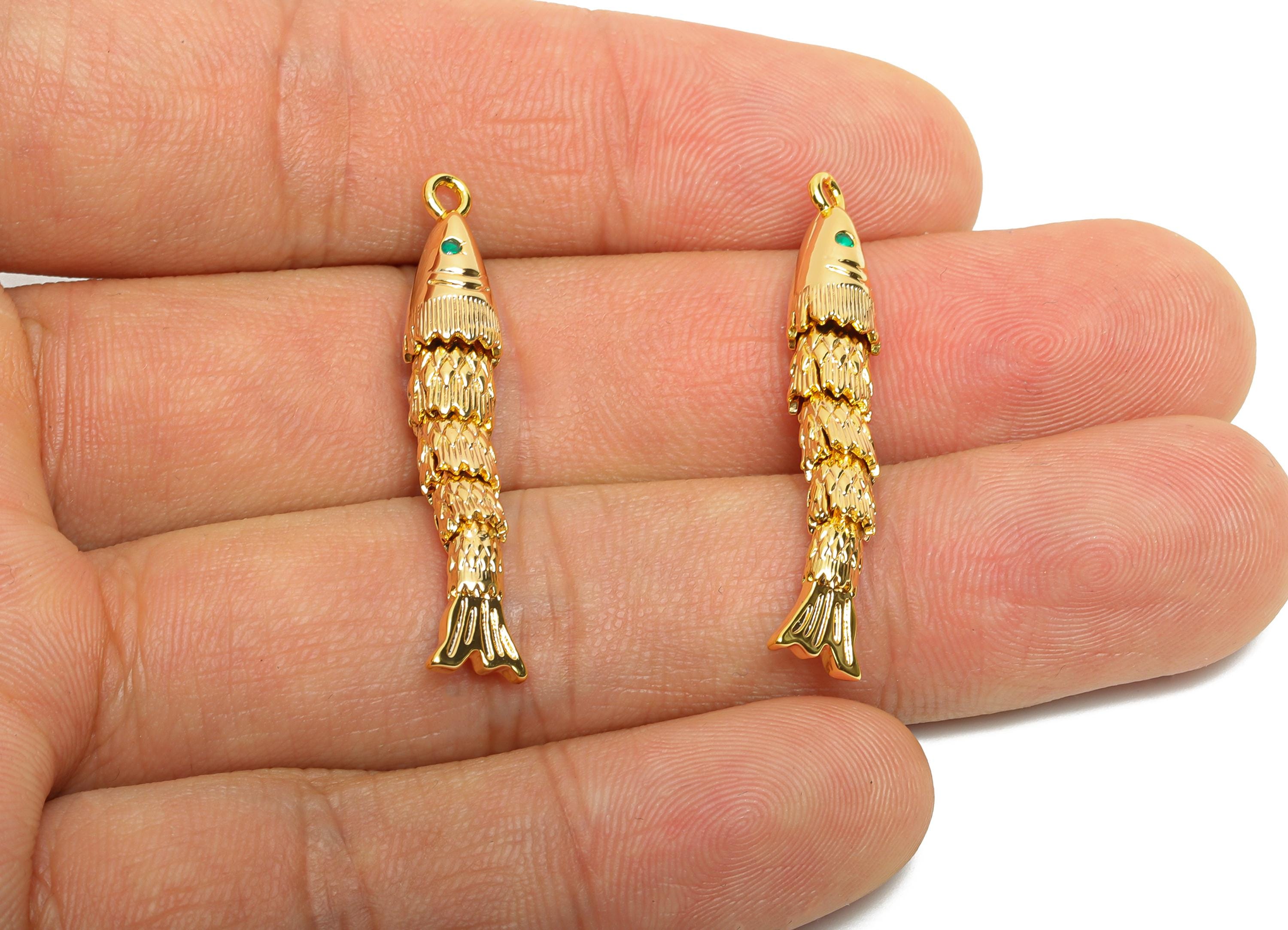 Brass Cloisonne Fish Charm - Elegant Gold Movable Fish Pendant - CZ Handmade Articulated Fish - 18K Real Gold Plated - 36x6x5.5mm -RGP10528 - DOMEDBAZAAR