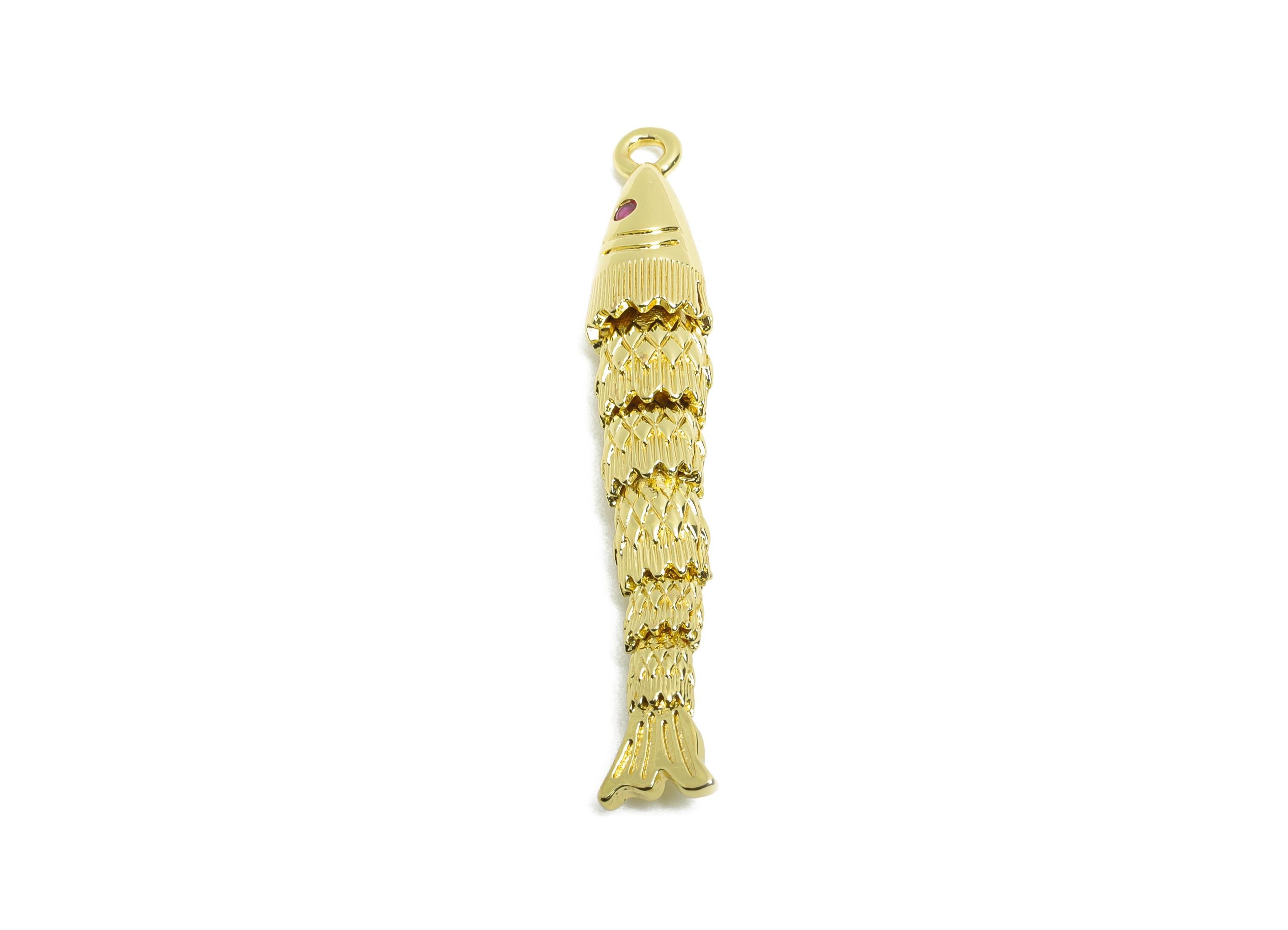 43mm Movable 3D Articulated Fish Charm - Brass CZ Articulated Fish Flexible  Marine Pendant - 18K Real Gold Plated - 43x6x6mm - RGP10751 - DOMEDBAZAAR