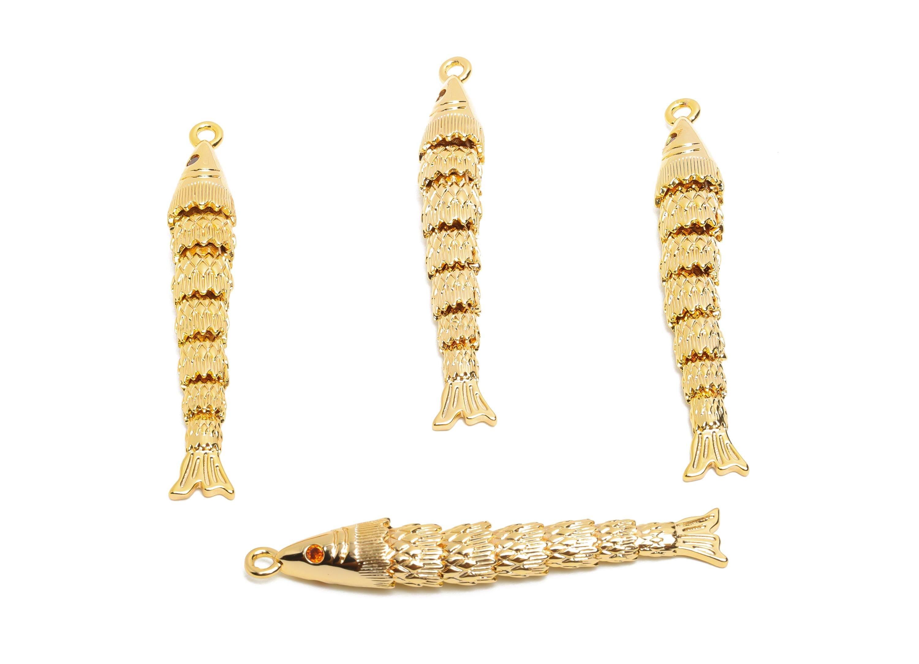 Dainty Gold Cloisonne Fish Charm - Brass Movable Fish Pendant - CZ Handmade Articulated Fish - 18K Real Gold Plated - 43x6.6x5.7mm -RGP10531 - DOMEDBAZAAR