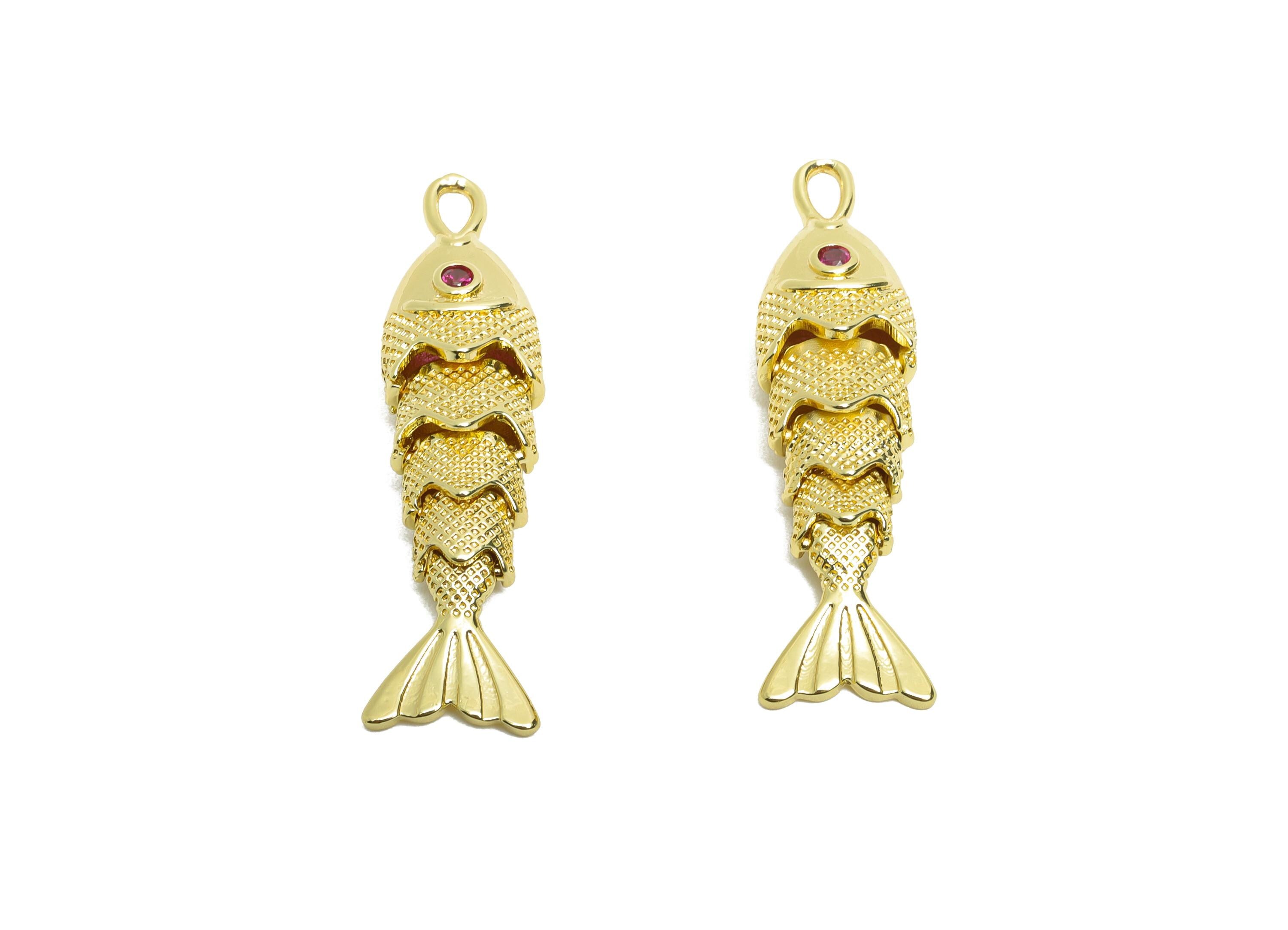 Movable 3D Articulated Fish Charm - Brass Textured CZ Articulated Flexible Marine Pendant - 18K Real Gold Plated - 33x8.5x6.57mm - RGP10748 - DOMEDBAZAAR