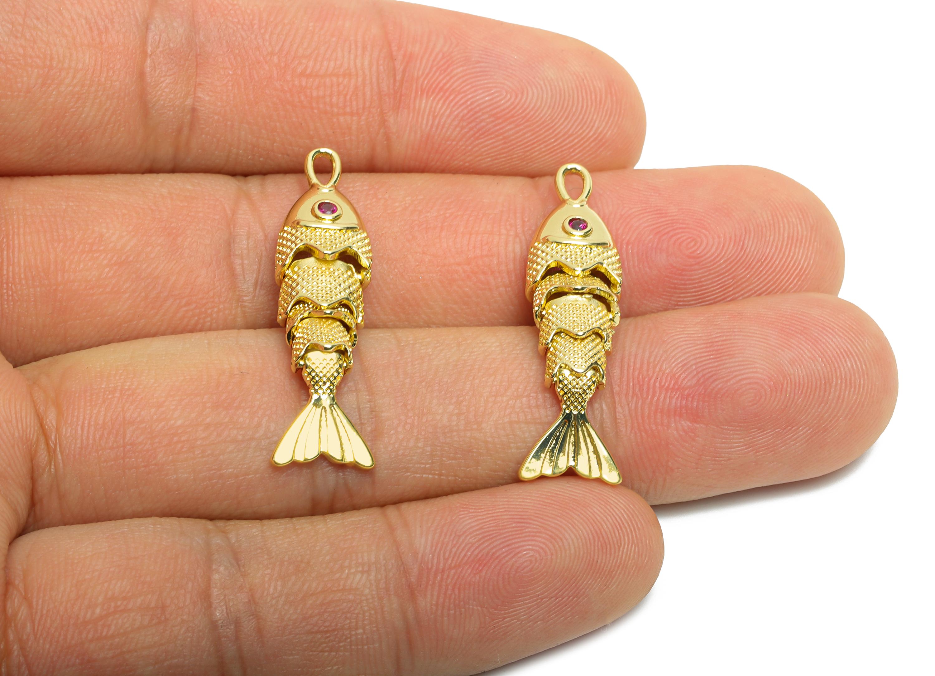 Movable 3D Articulated Fish Charm - Brass Textured CZ Articulated Flexible Marine Pendant - 18K Real Gold Plated - 33x8.5x6.57mm - RGP10748 - DOMEDBAZAAR