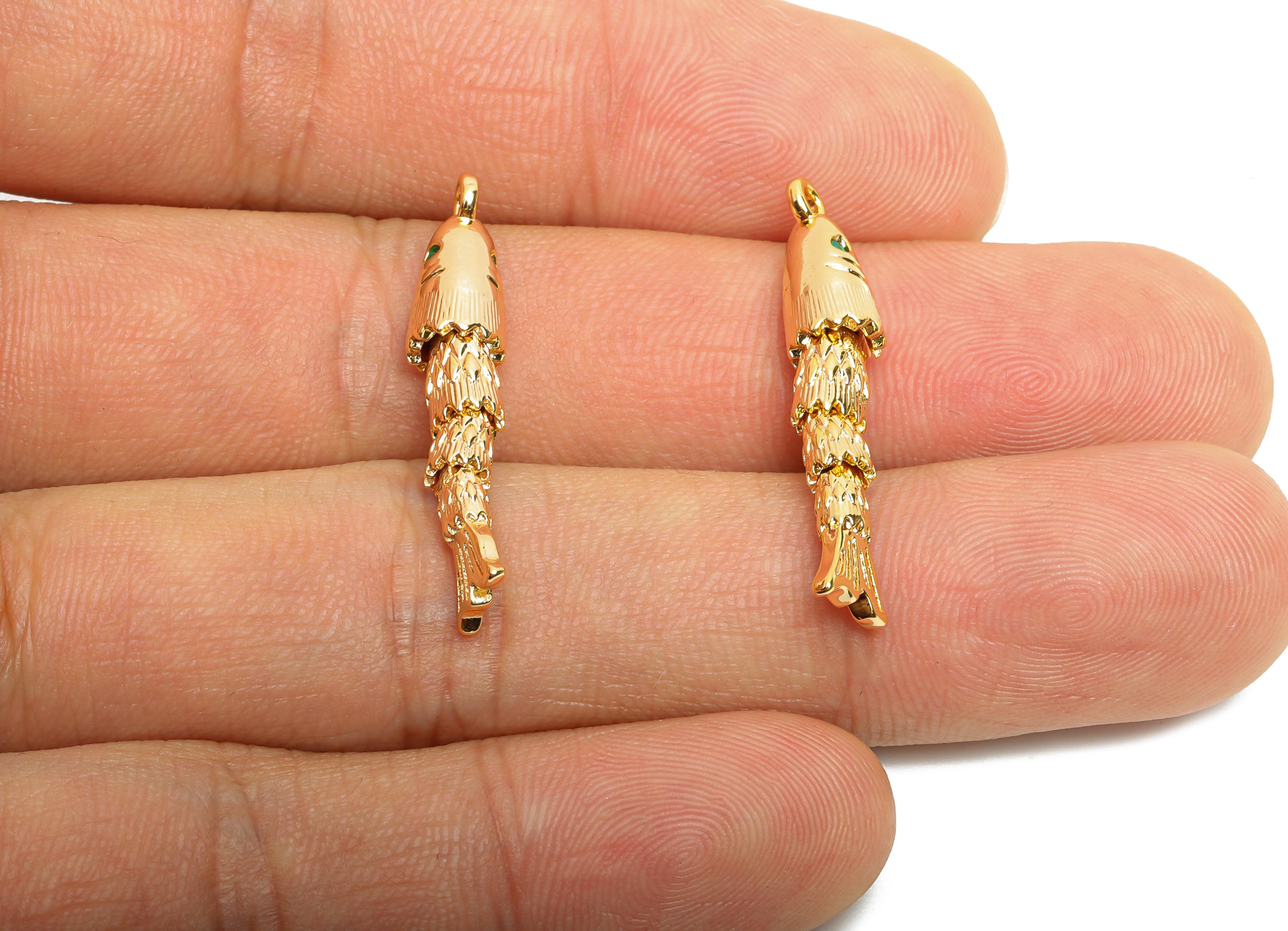 Brass Cloisonne Fish Charm - Unique Gold Movable Fish Pendant - CZ Handmade Articulated Fish - 18K Real Gold Plated - 30x5.6x5.8mm -RGP10526 - DOMEDBAZAAR