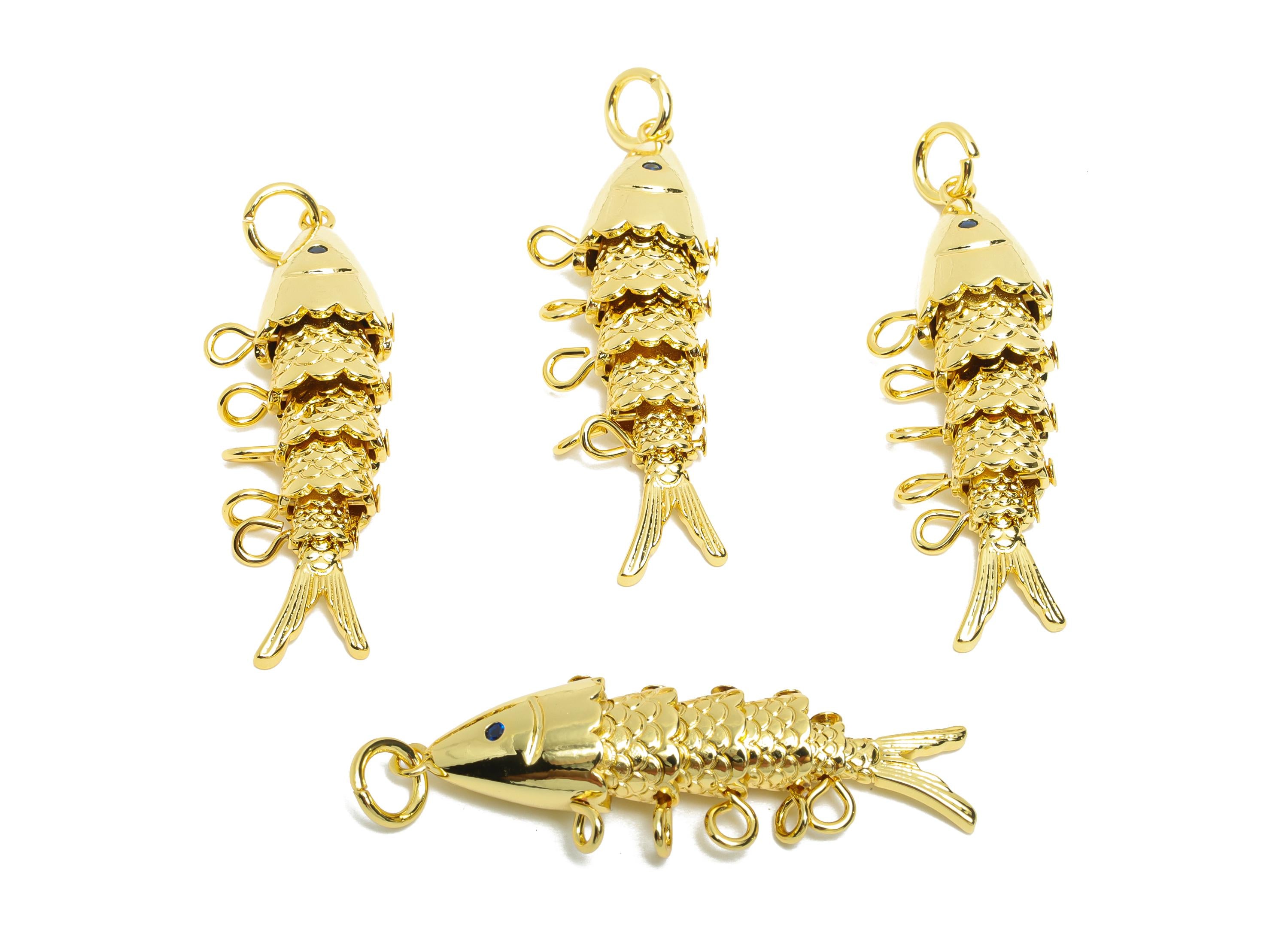 Movable 3D Articulated Fish Charm - Brass Flexible Marine Pendant - Textured Fish With Loop - 18K Real Gold Plated - 43x13x7mm - RGP10741 - DOMEDBAZAAR