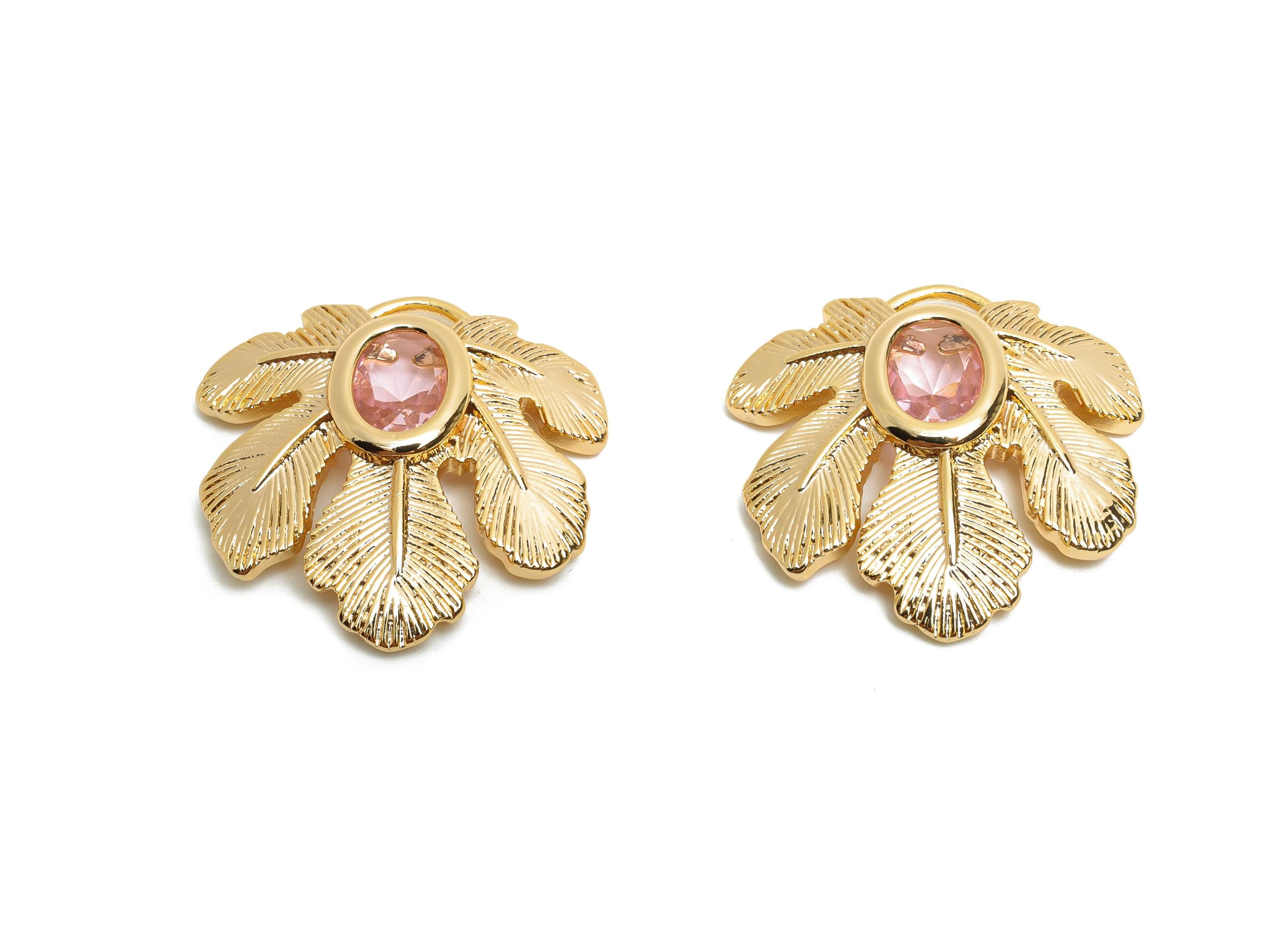 Brass Leaf Charms - Gold Crystal Tropical Leaf Charm - Elegant Pink Crystal Botanical Pendant - 18K Real Gold Plated - 22x22x4mm - RGP10496 - DOMEDBAZAAR