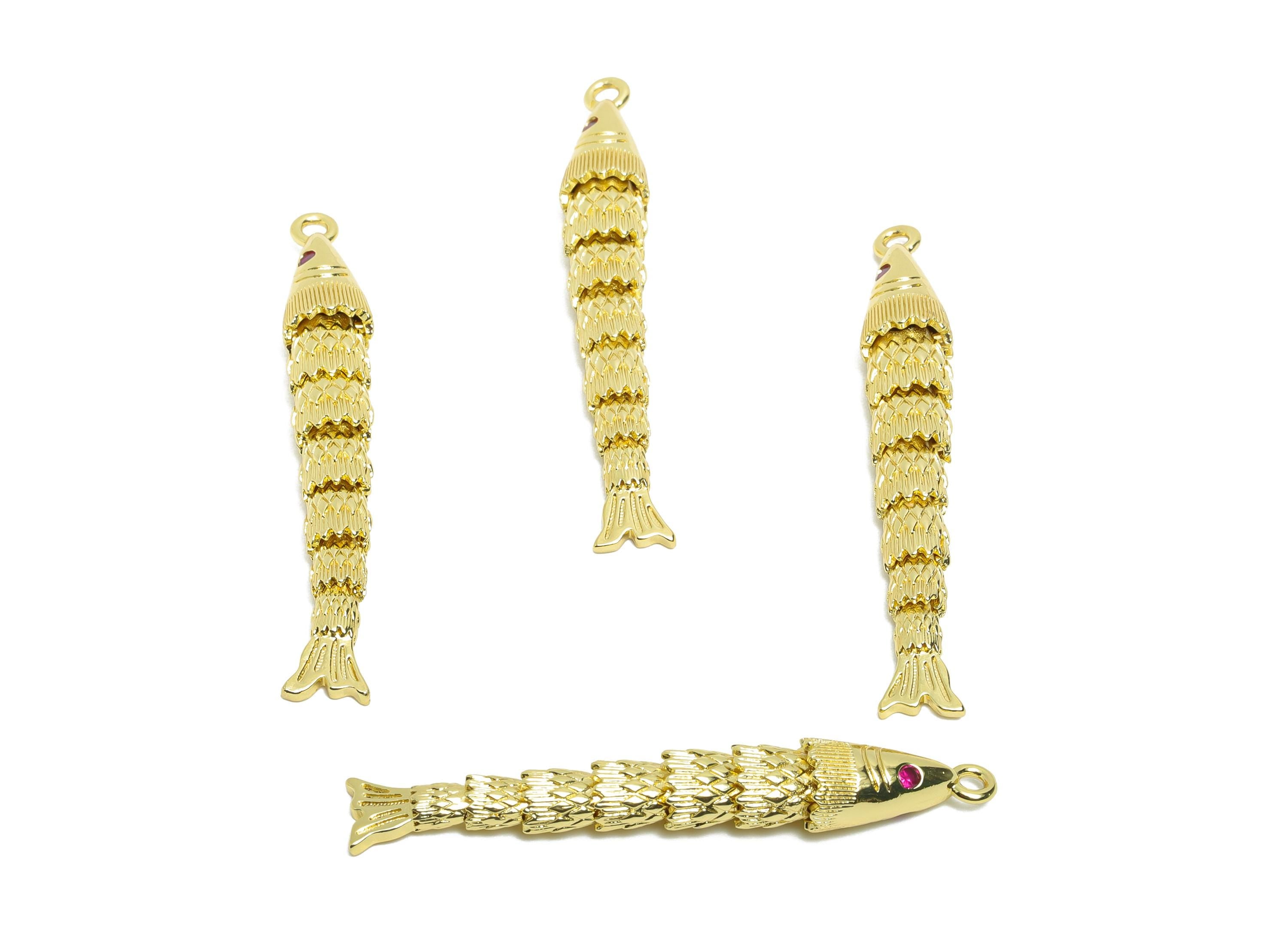 Brass Cloisonne Fish Charm - Unique Gold Movable Fish Pendant - CZ Realistic 3D Fish Pendant - 18K Real Gold Plated - 47x7x6mm -RGP10752 - DOMEDBAZAAR