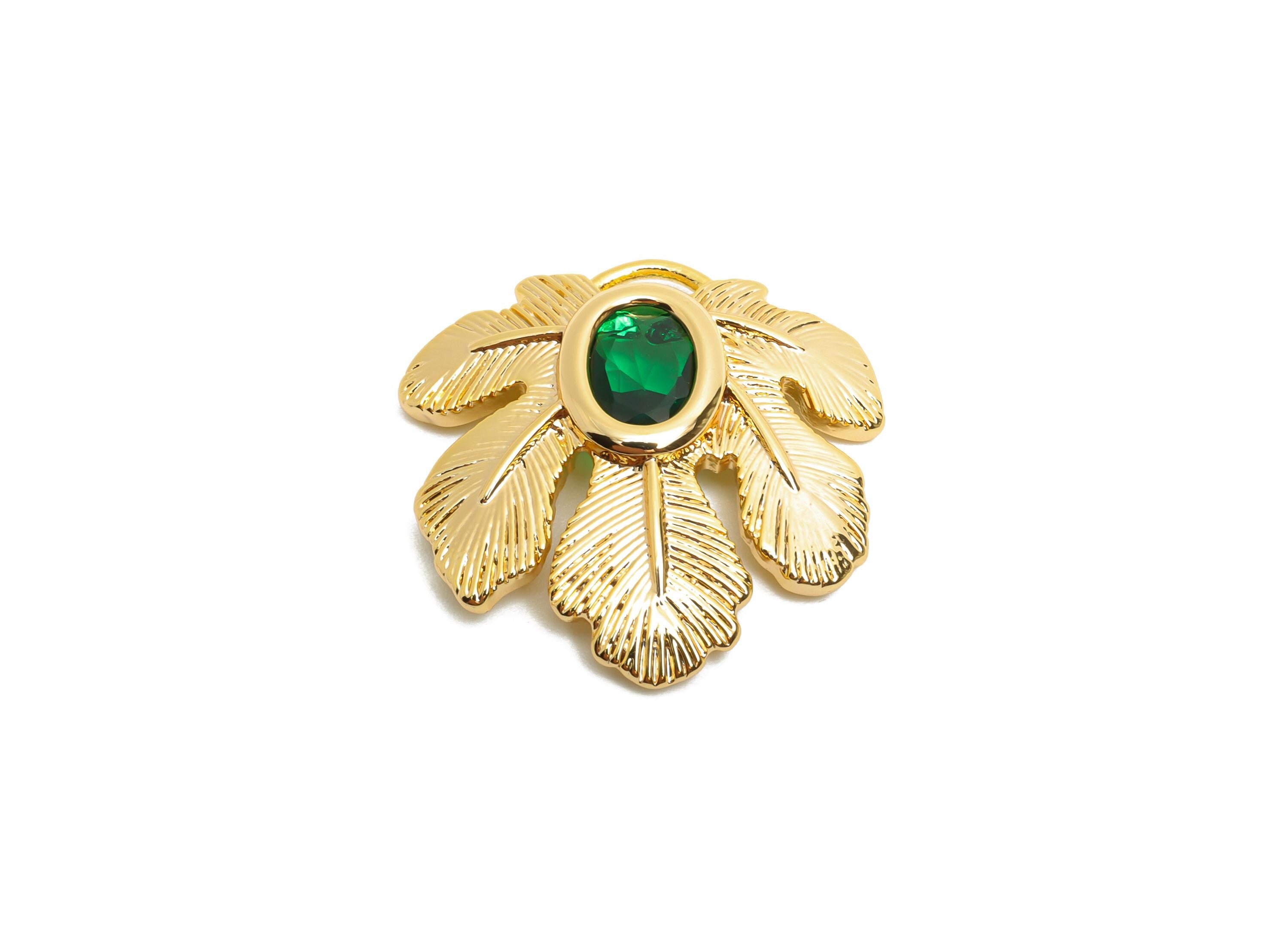 Brass Leaf Charms - Gold Crystal Tropical Leaf Charm - Elegant Green Crystal Botanical Pendant - 18K Real Gold Plated - 22x22x4mm - RGP10497 - DOMEDBAZAAR