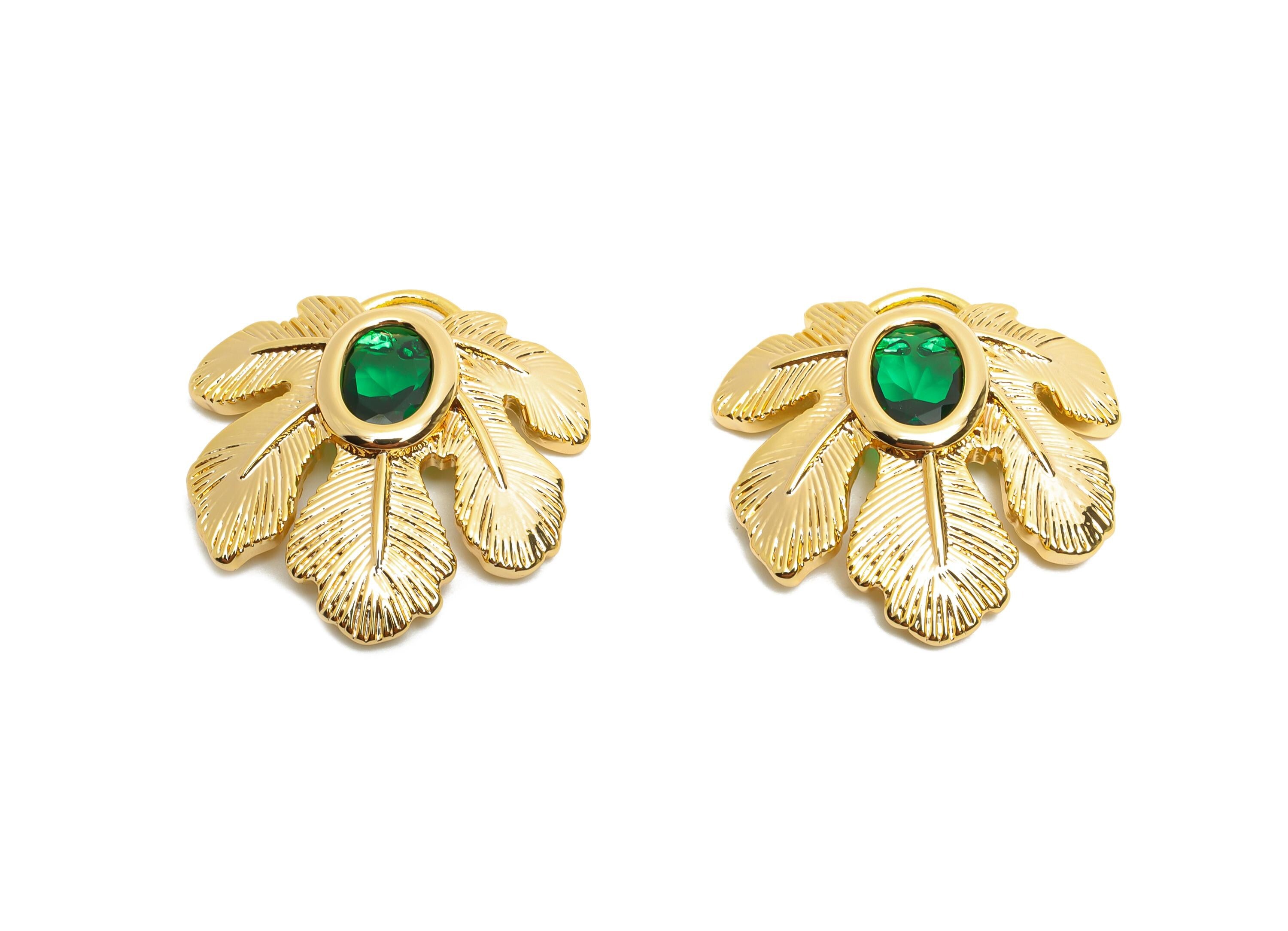 Brass Leaf Charms - Gold Crystal Tropical Leaf Charm - Elegant Green Crystal Botanical Pendant - 18K Real Gold Plated - 22x22x4mm - RGP10497 - DOMEDBAZAAR