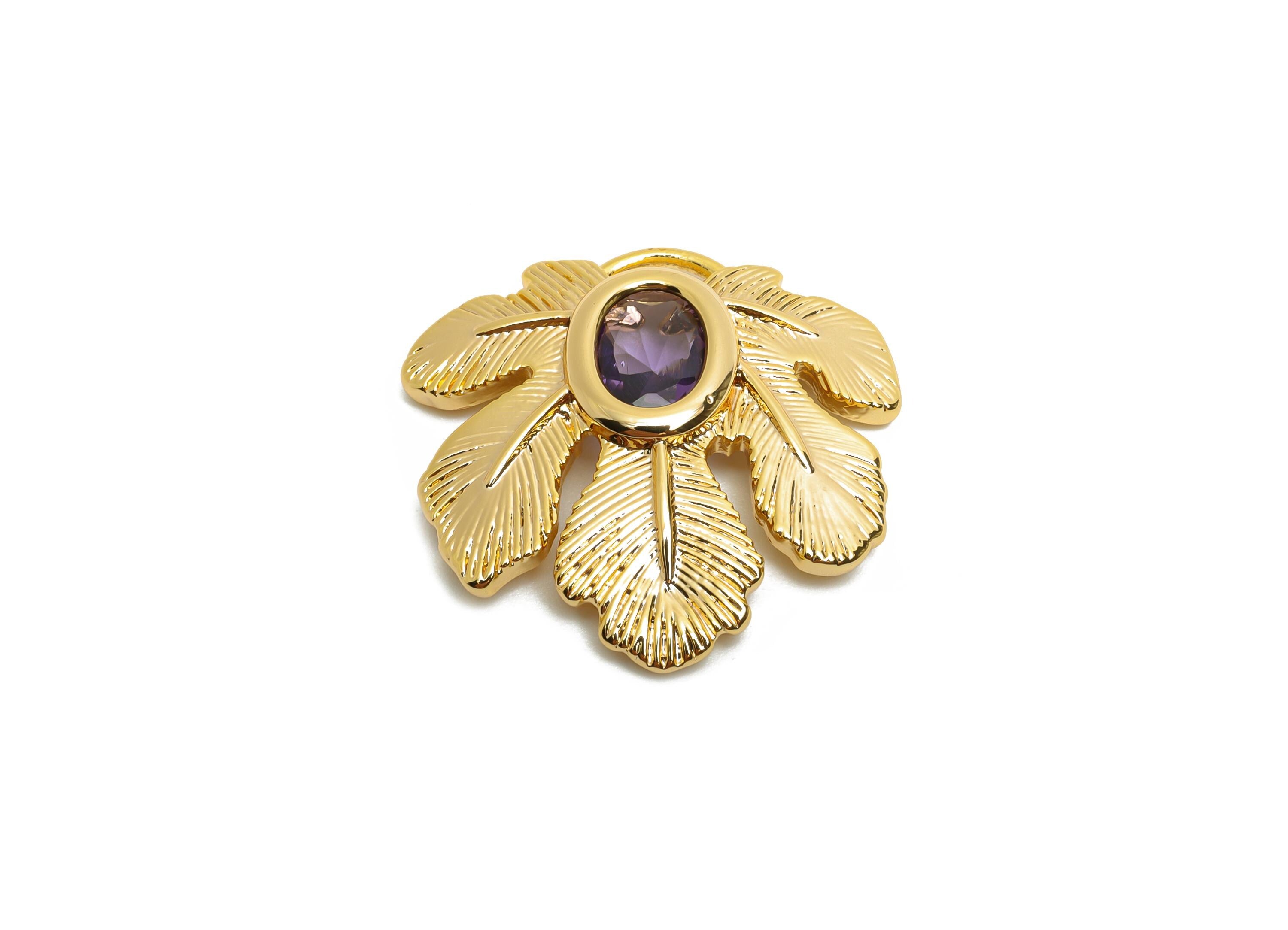 Dainty Brass Leaf Charms - Gold Crystal Tropical Leaf Charm - Chic Purple Crystal Botanical Pendant - 18K Gold Plated - 22x22x4mm - RGP10498 - DOMEDBAZAAR