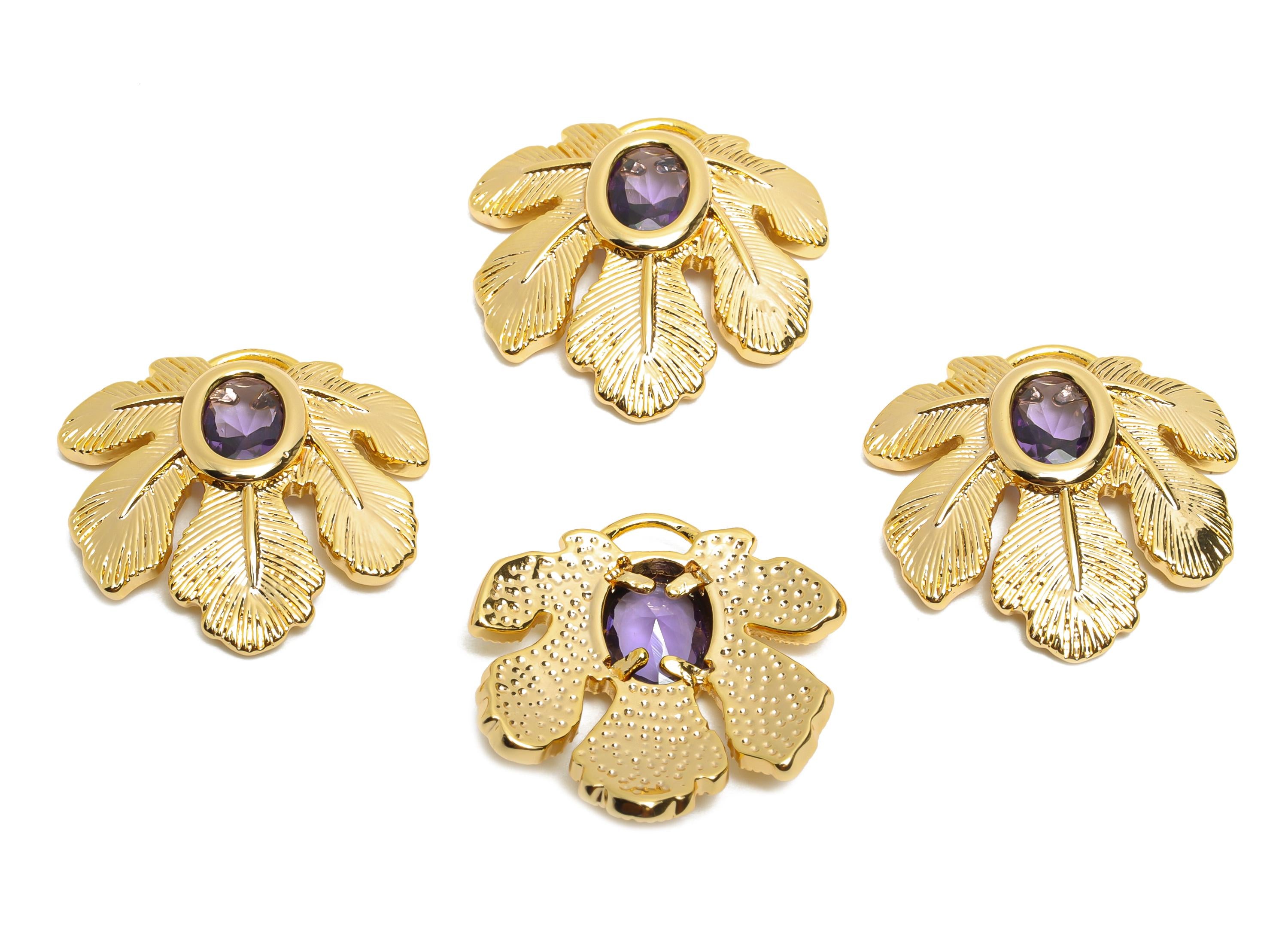 Dainty Brass Leaf Charms - Gold Crystal Tropical Leaf Charm - Chic Purple Crystal Botanical Pendant - 18K Gold Plated - 22x22x4mm - RGP10498 - DOMEDBAZAAR