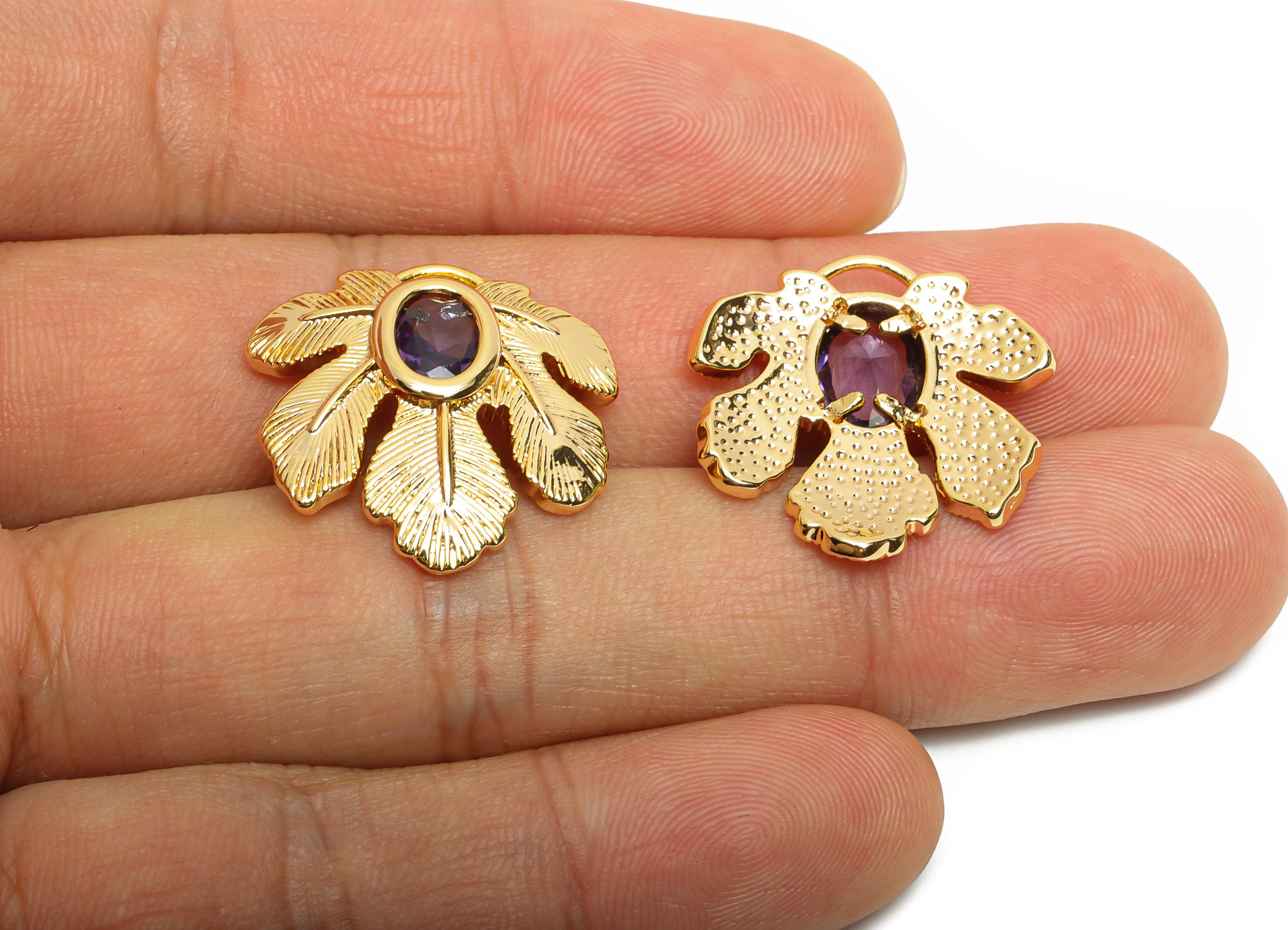 Dainty Brass Leaf Charms - Gold Crystal Tropical Leaf Charm - Chic Purple Crystal Botanical Pendant - 18K Gold Plated - 22x22x4mm - RGP10498 - DOMEDBAZAAR