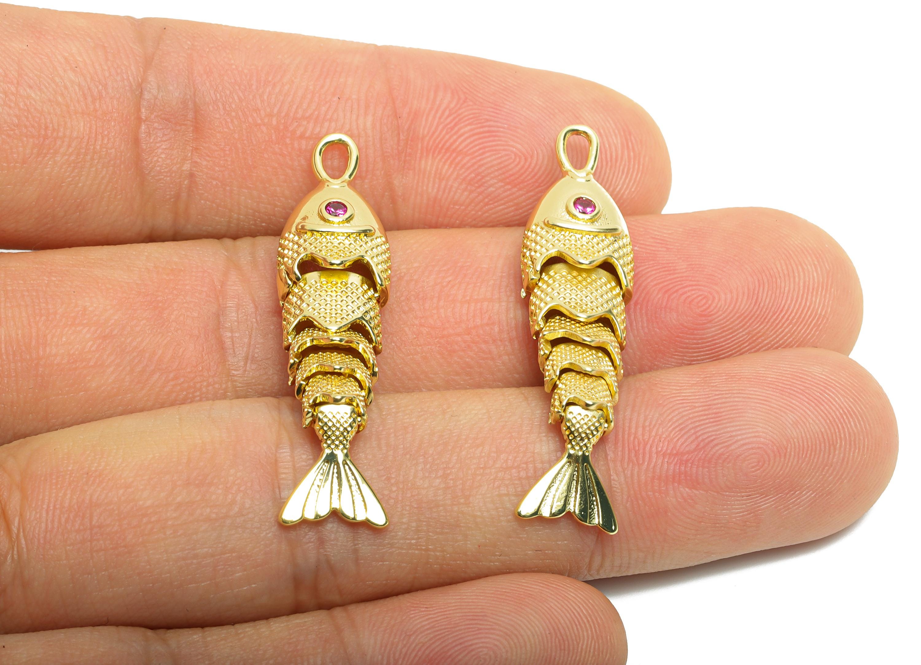 Brass Cloisonne Fish Charm - Unique Textured Movable Fish Pendant - CZ Realistic 3D Fish Pendant - 18K Real Gold Plated - 41x9x7mm -RGP10747 - DOMEDBAZAAR