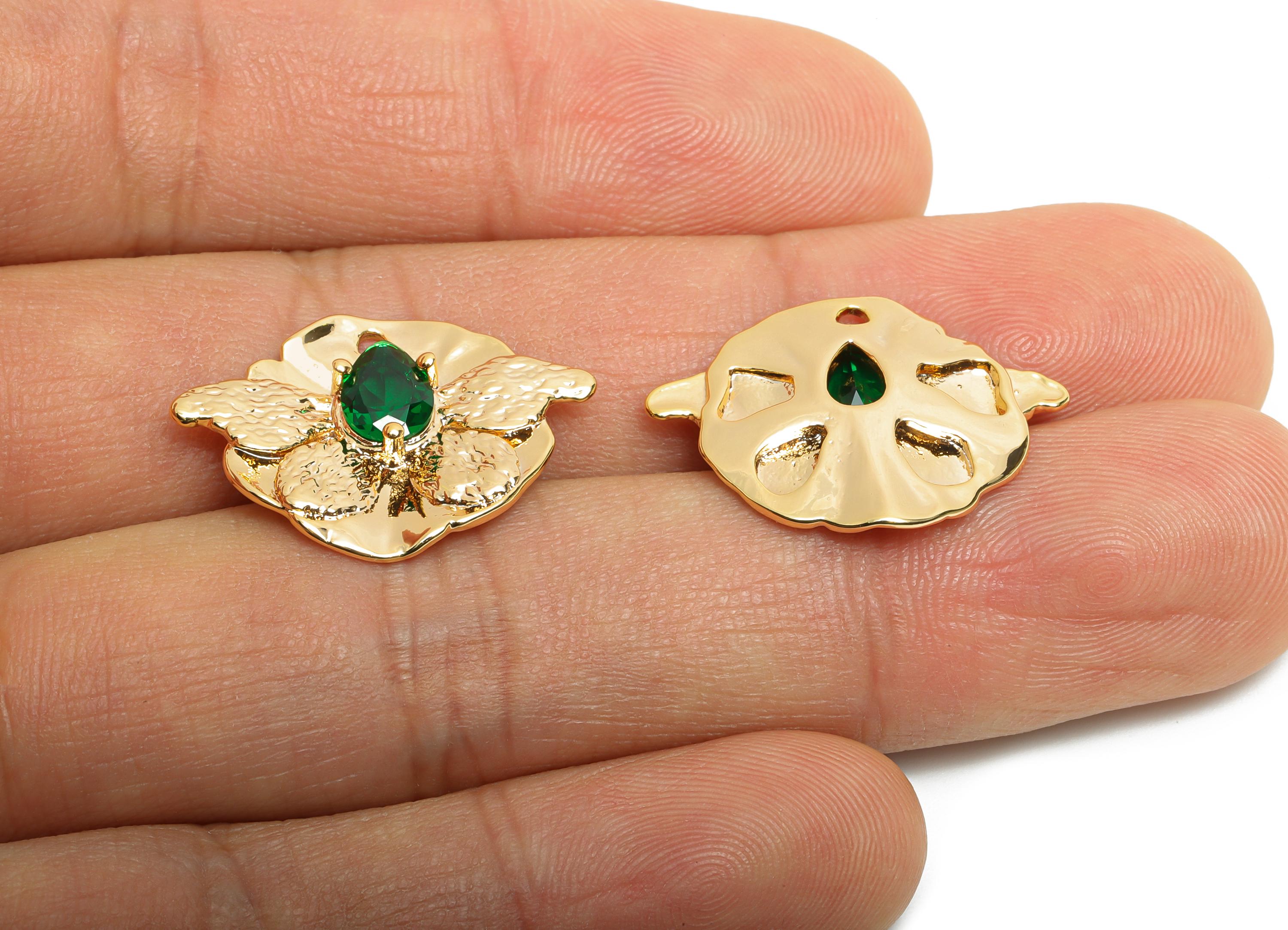 Brass Butterfly Charms - Gold Textured Insect Charms - Elegant Green Drop Crystal Charms - 18K Real Gold Plated - 23x17.38x3.7mm - RGP10506 - DOMEDBAZAAR