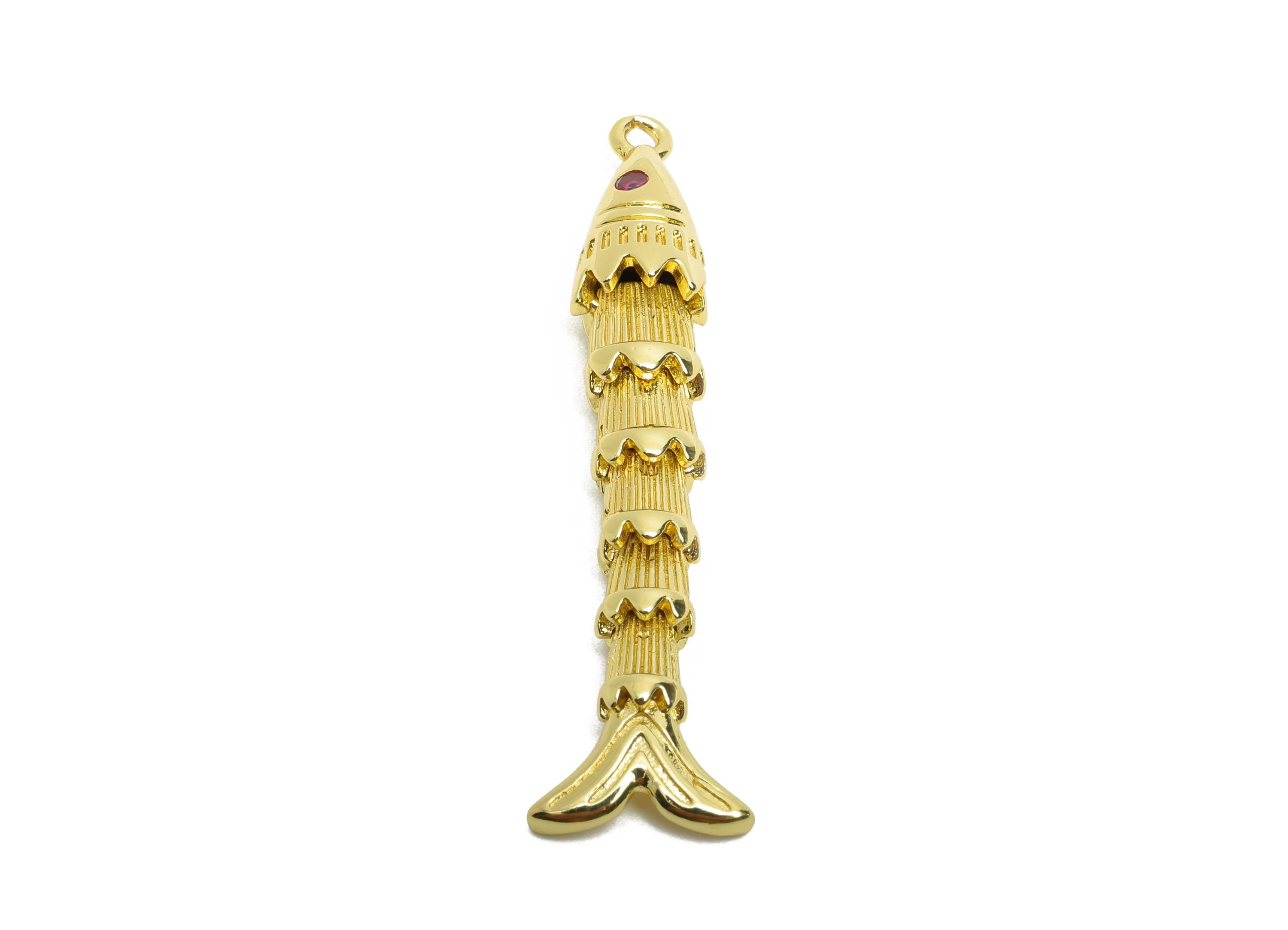 Movable 3D Articulated Fish Charm - Brass Textured CZ Articulated Flexible Marine Pendant - 18K Real Gold Plated - 41x6x6.59mm - RGP10742 - DOMEDBAZAAR