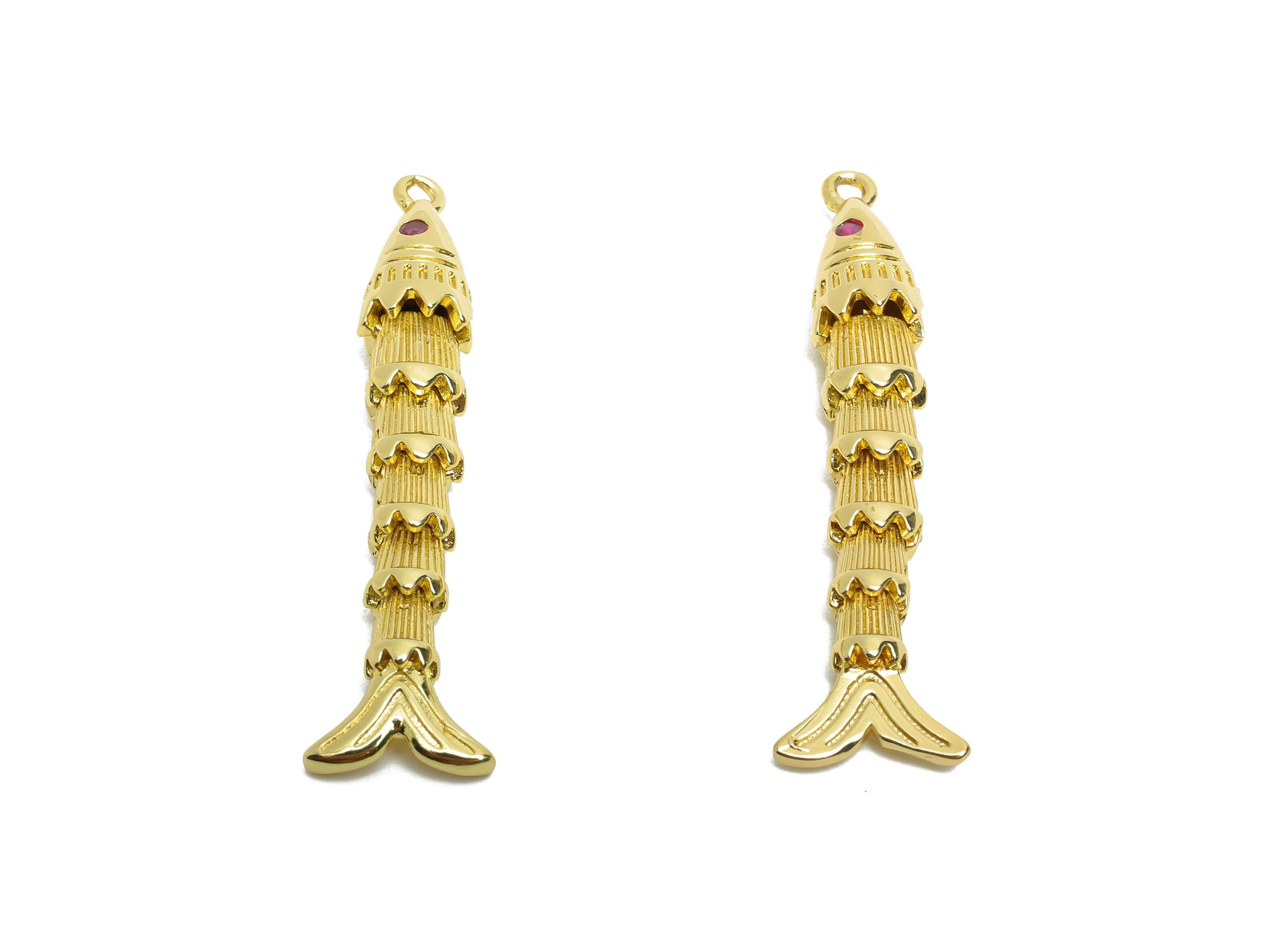 Movable 3D Articulated Fish Charm - Brass Textured CZ Articulated Flexible Marine Pendant - 18K Real Gold Plated - 41x6x6.59mm - RGP10742 - DOMEDBAZAAR