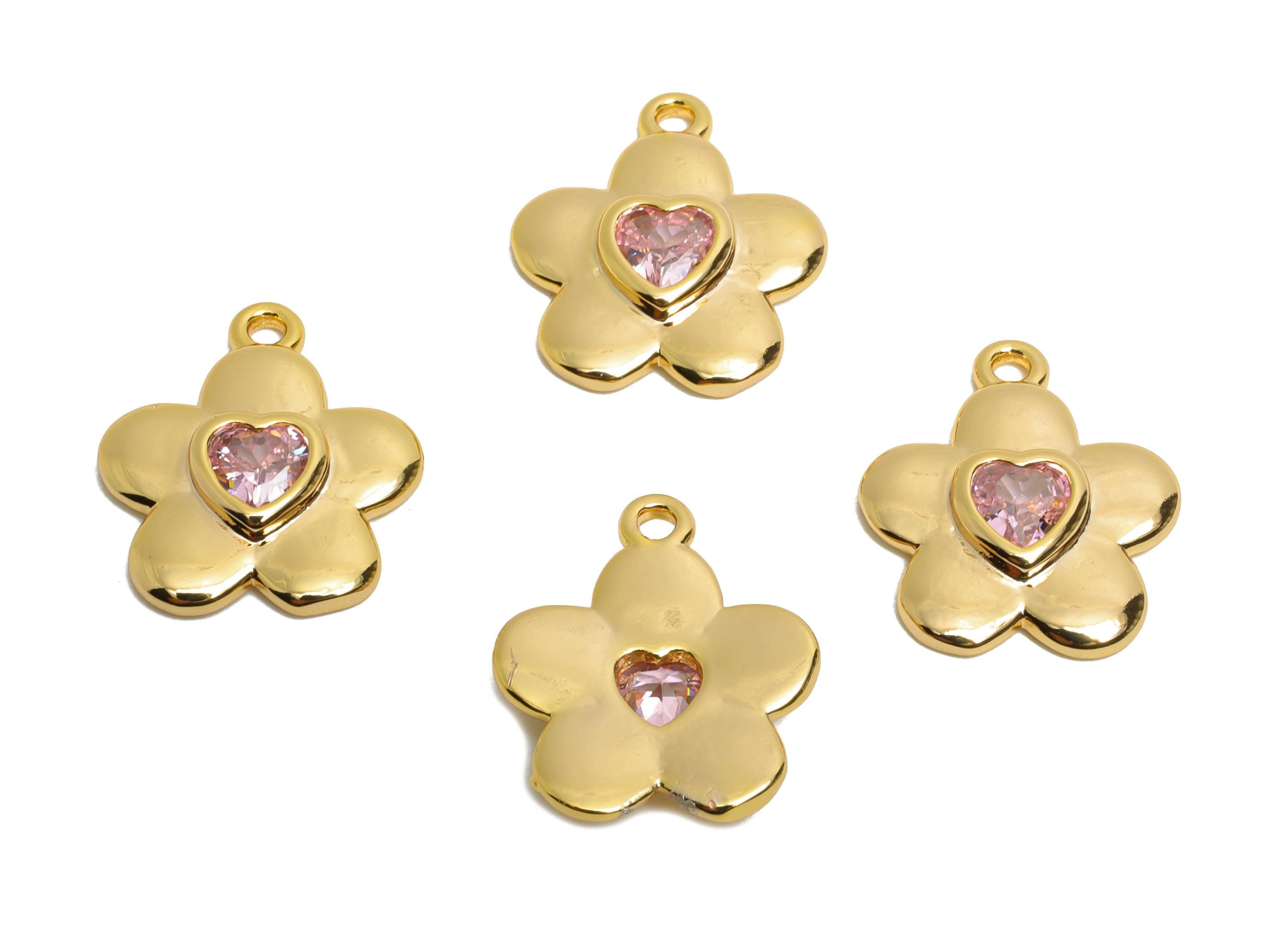 Gold Brass Flower Charms - Refined Pink Heart Crystal Charms - Minimalist Floral Jewelry - 18K Real Gold Plated - 14x12.45x2.55mm - RGP10471 - DOMEDBAZAAR