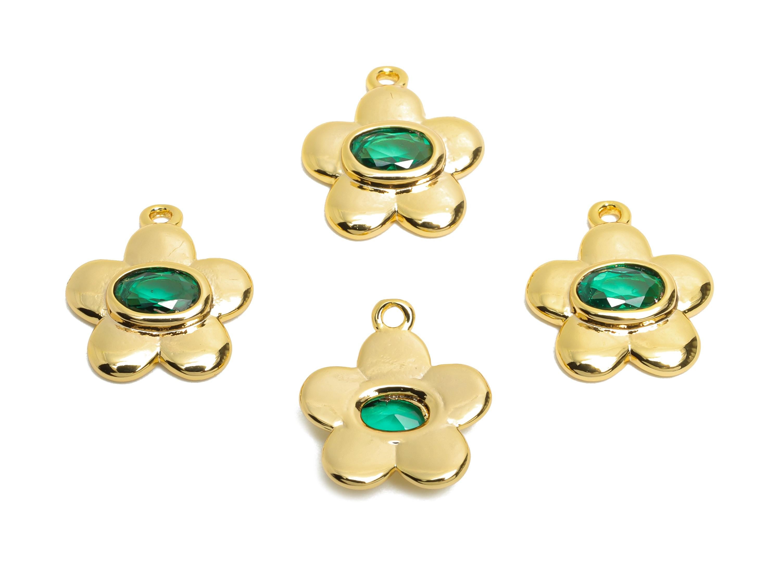 Gold Brass Flower Charms - Refined Green Oval Crystal Charm - Minimalist Floral Jewelry - 18K Real Gold Plated - 14x12.45x2.55mm - RGP10470 - DOMEDBAZAAR