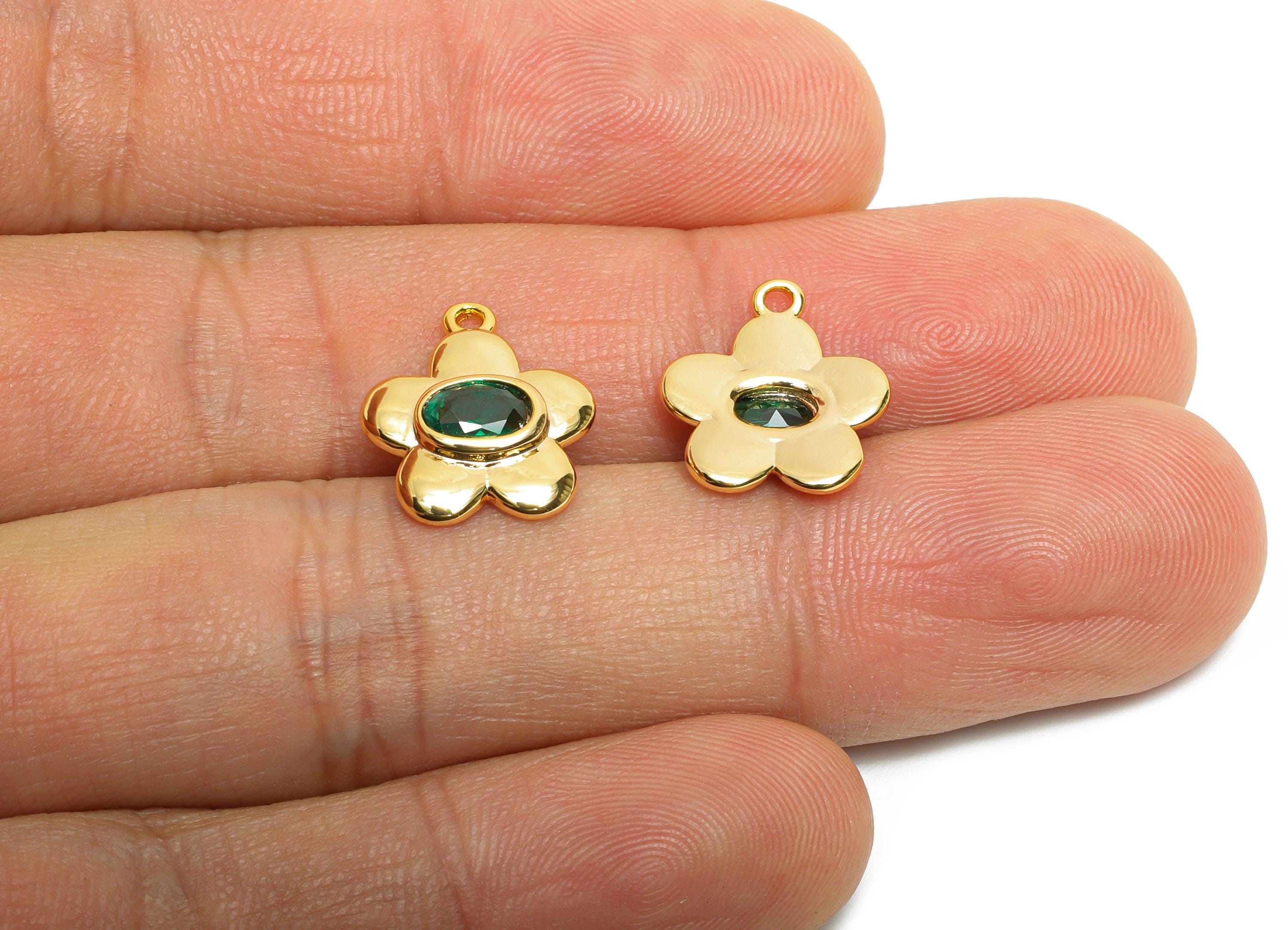 Gold Brass Flower Charms - Refined Green Oval Crystal Charm - Minimalist Floral Jewelry - 18K Real Gold Plated - 14x12.45x2.55mm - RGP10470 - DOMEDBAZAAR