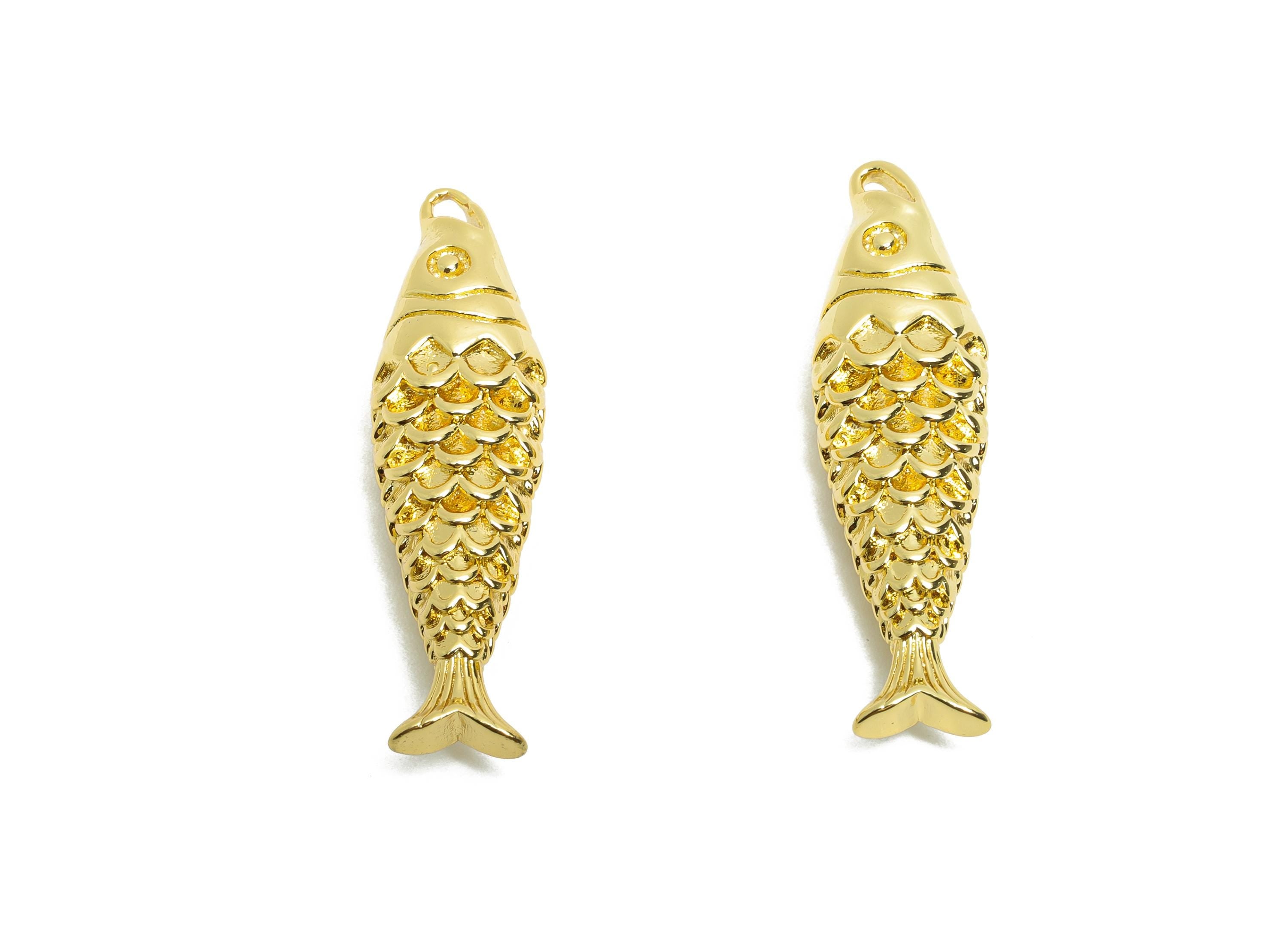 Movable 3D Articulated Fish Charm - Brass Textured Articulated Flexible Marine Pendant - 18K Real Gold Plated - 41x6x6.59mm - RGP10740 - DOMEDBAZAAR