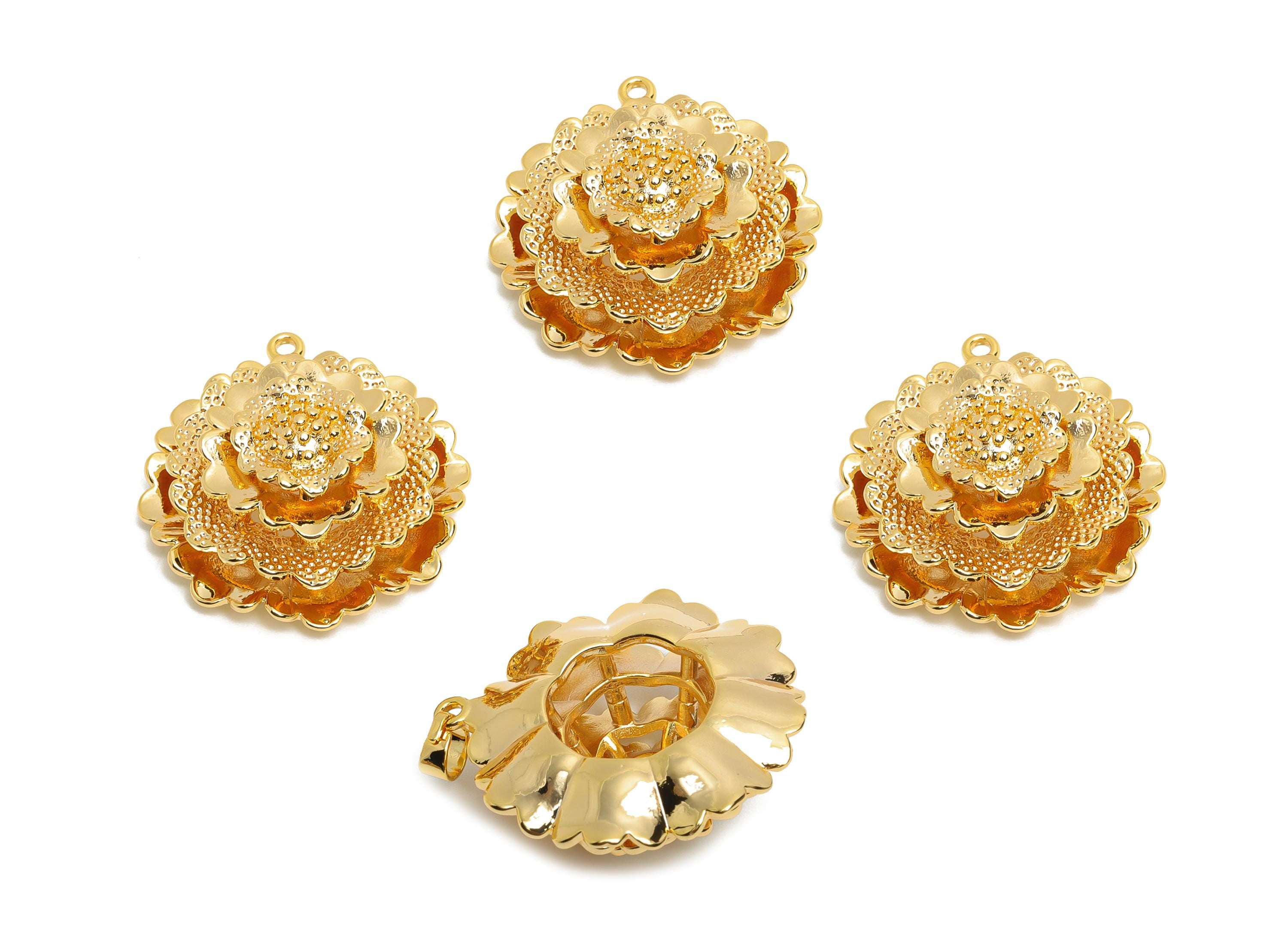 Brass 3D Layered Flower Pendant- Gold Botanical Huge Pendant for Necklace - Statement Jewelry - 18K Real Gold Plated - 36x29x13mm - RGP10507 - DOMEDBAZAAR