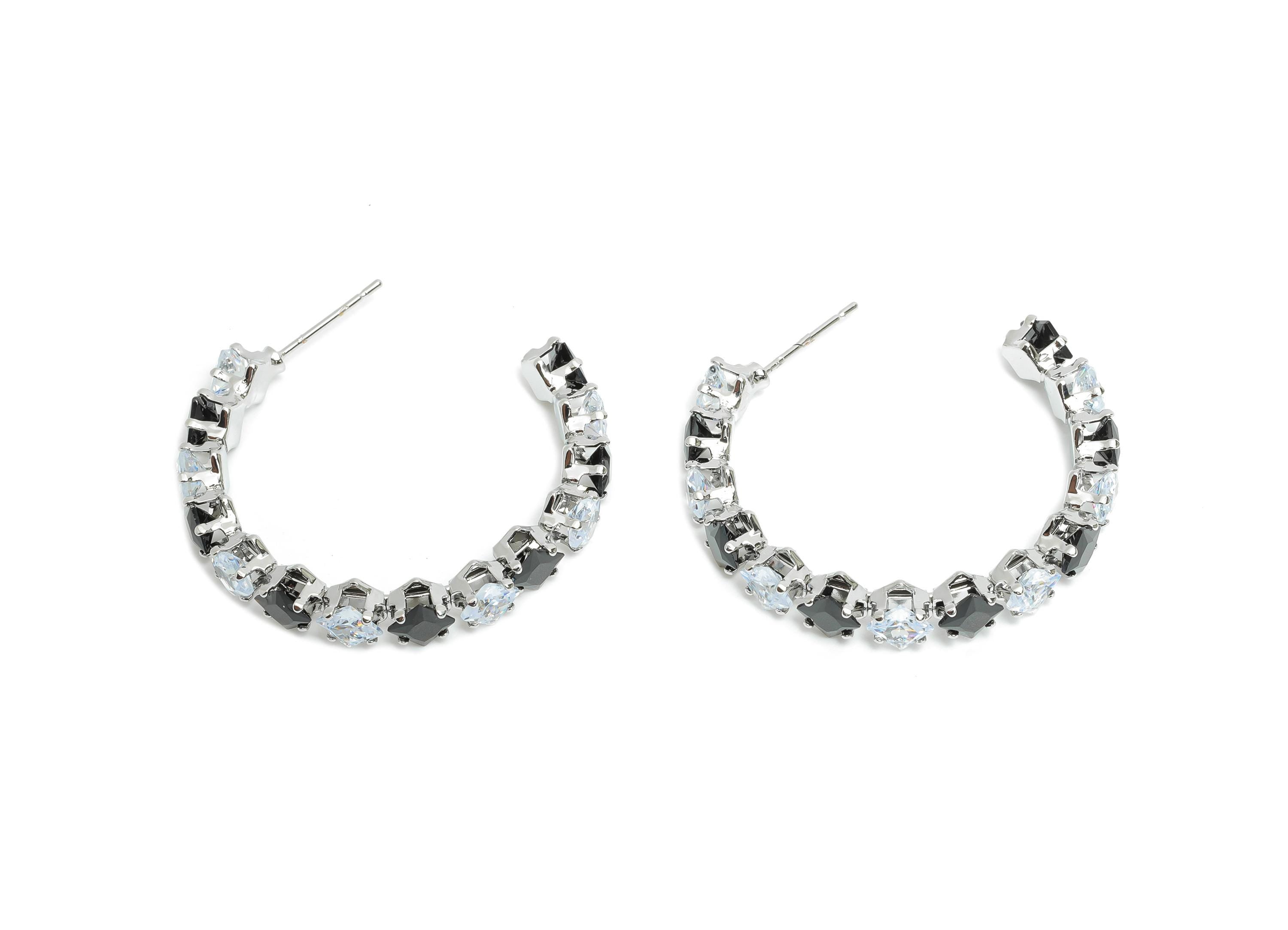 Sparkling C Hoop Post - Inlay Diamond Glass Earring Studs - Luxurious Silver Brass Jewelry - 18K White Gold Plating - 35x30x7mm - RGP9949S - DOMEDBAZAAR