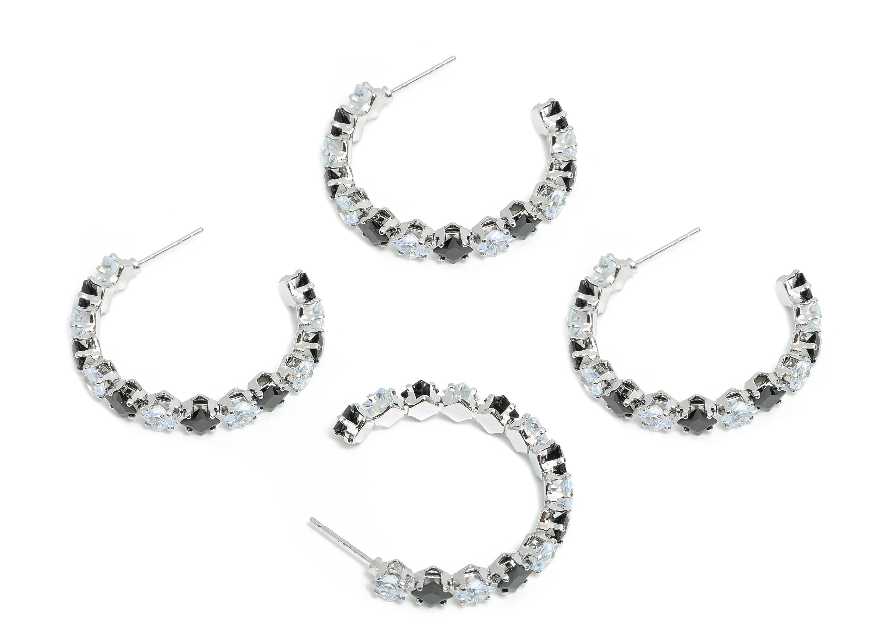 Sparkling C Hoop Post - Inlay Diamond Glass Earring Studs - Luxurious Silver Brass Jewelry - 18K White Gold Plating - 35x30x7mm - RGP9949S - DOMEDBAZAAR