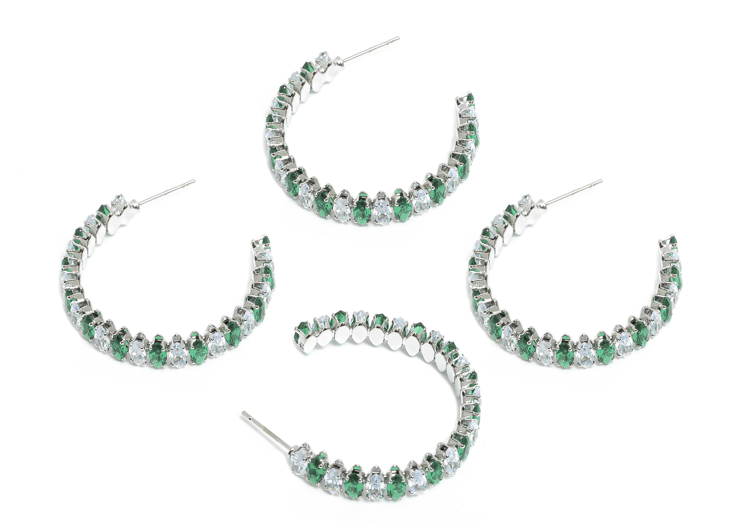 Sparkling C Hoop Post - Inlay Marquise Glass Earring Stud - Luxurious Silver Brass Jewelry - 18K White Gold Plated - 33x28x6.1mm - RGP9943S - DOMEDBAZAAR