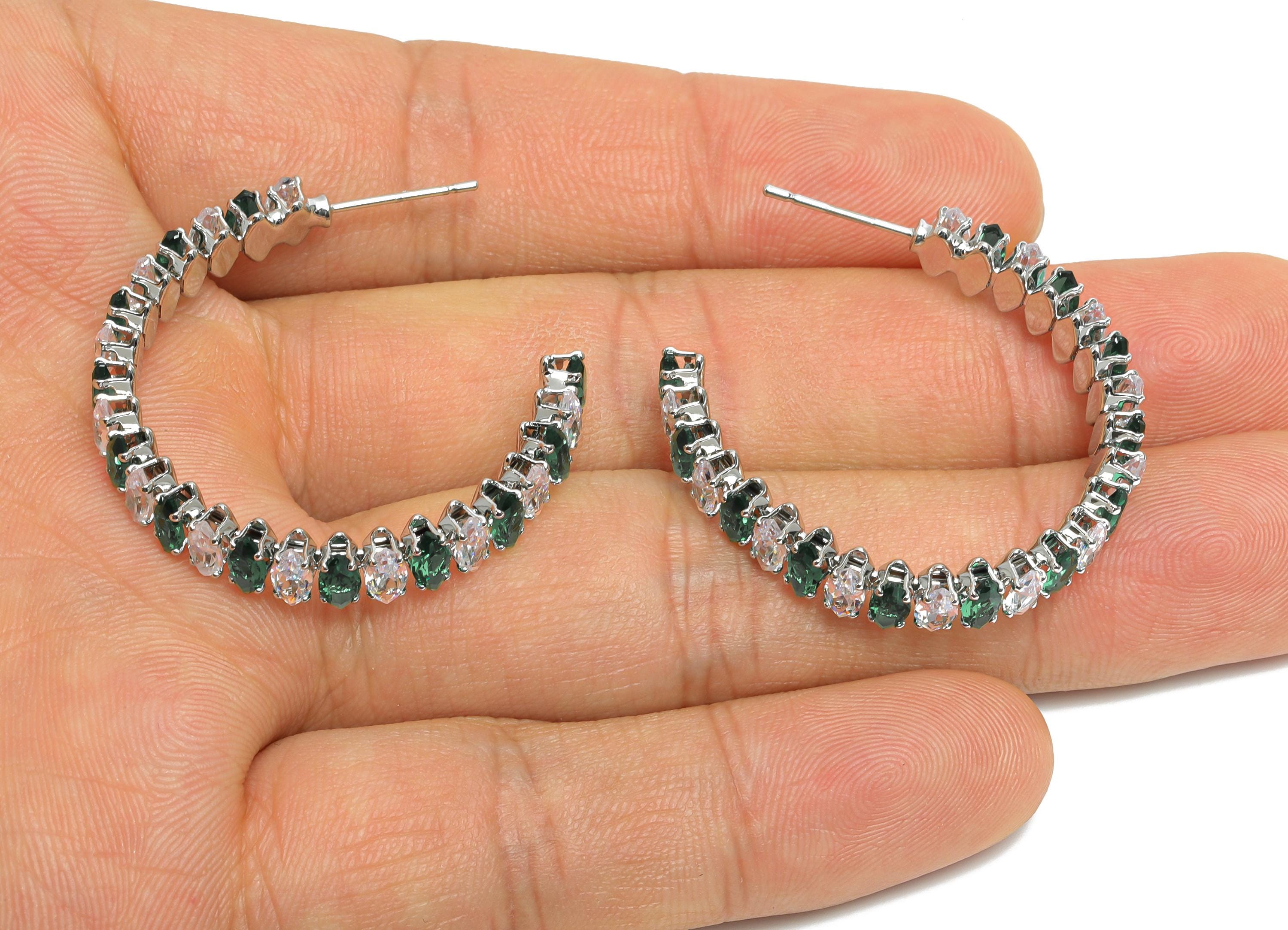 Sparkling C Hoop Post - Inlay Marquise Glass Earring Stud - Luxurious Silver Brass Jewelry - 18K White Gold Plated - 33x28x6.1mm - RGP9943S - DOMEDBAZAAR