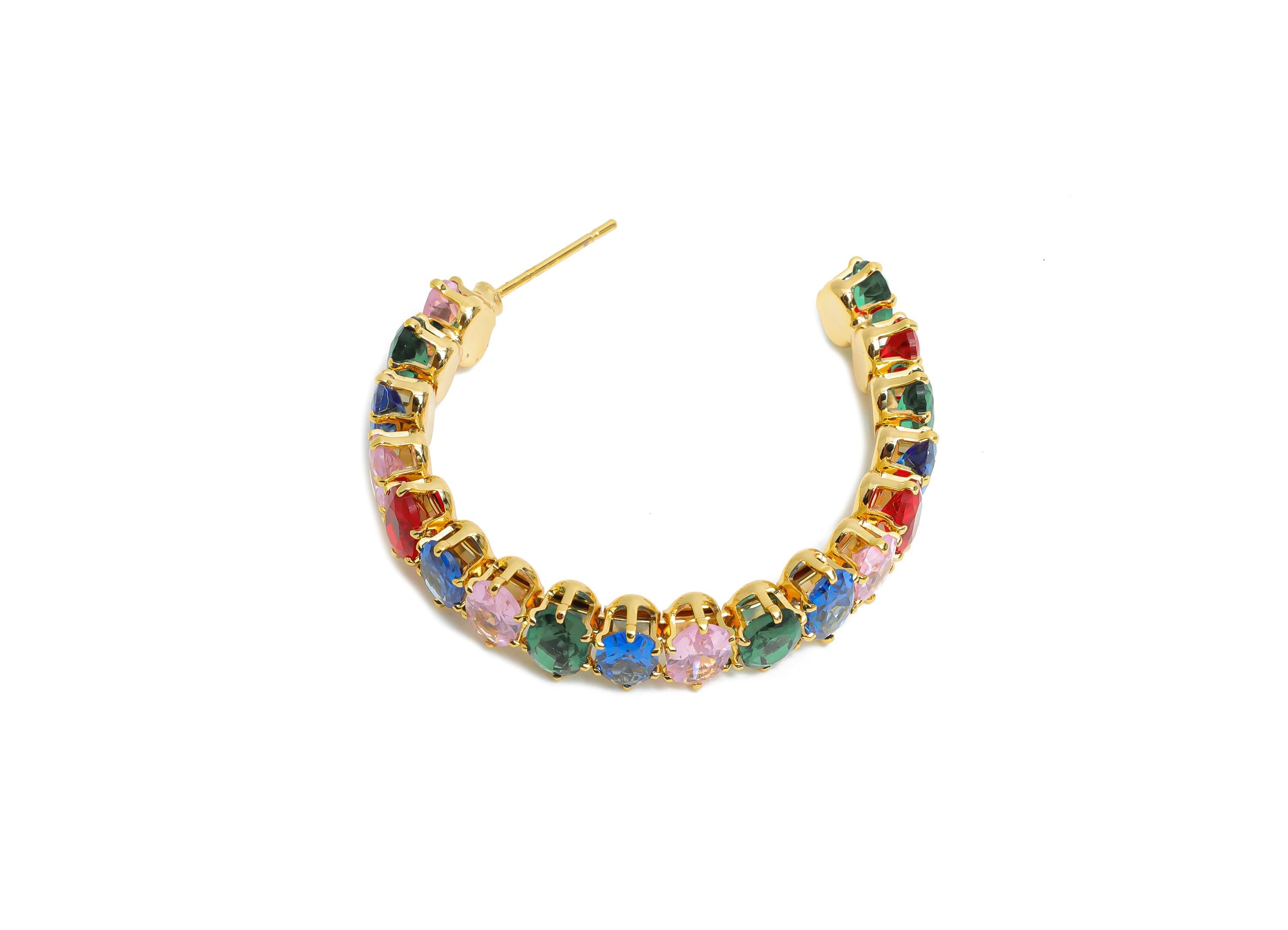 Sparkling C Hoop Post - Inlay Oval Colorful Glass Earring Stud - Luxurious Gold Brass Jewelry - 18K Real Gold Plated - 35.5x30x7mm - RGP9947 - DOMEDBAZAAR