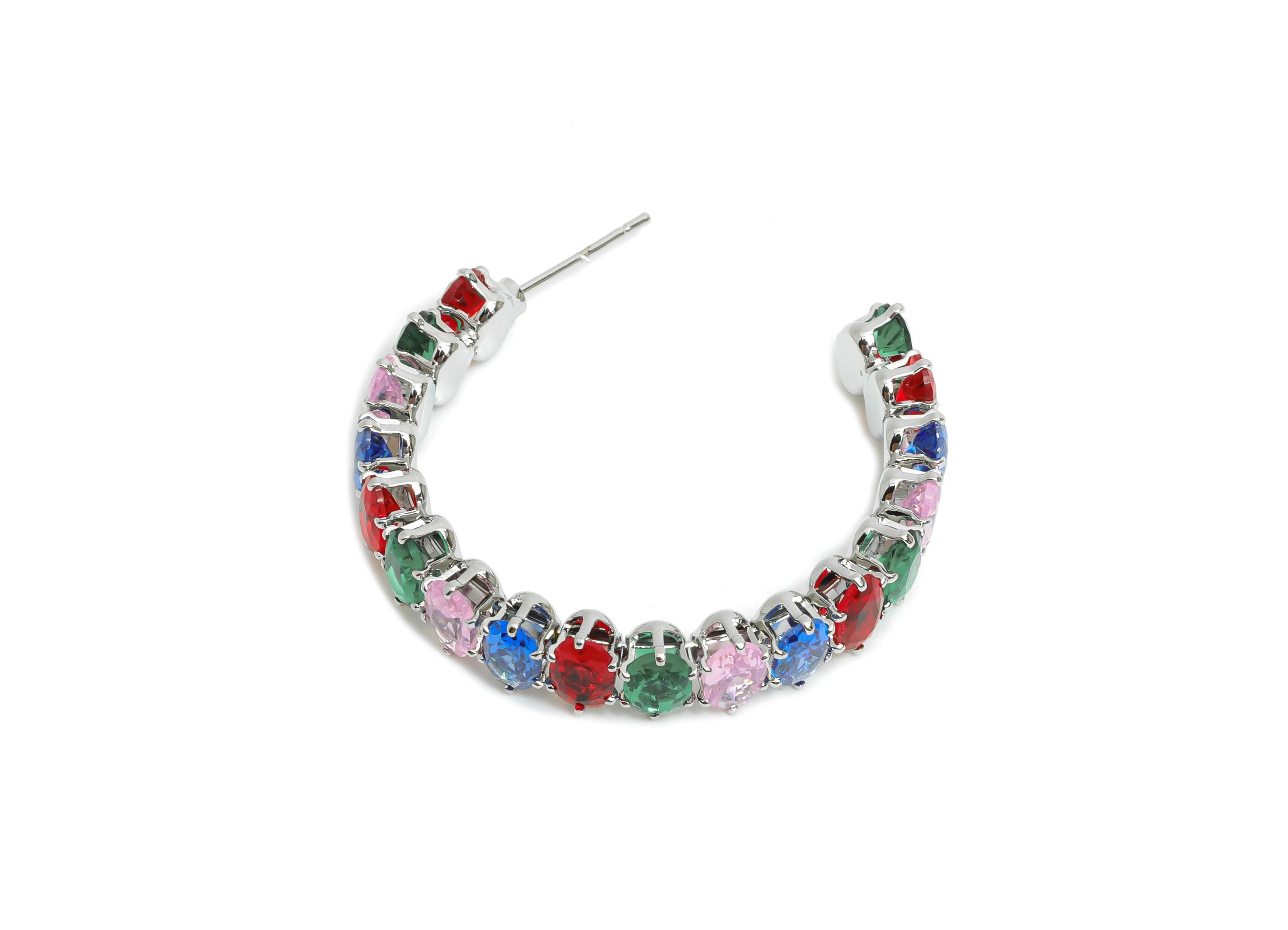 Sparkling C Hoop Post - Inlay Oval Colorful Glass Earring Stud - Luxurious Silver Brass Jewelry -18K White Gold Plated -35.5x30x7mm-RGP9947S - DOMEDBAZAAR