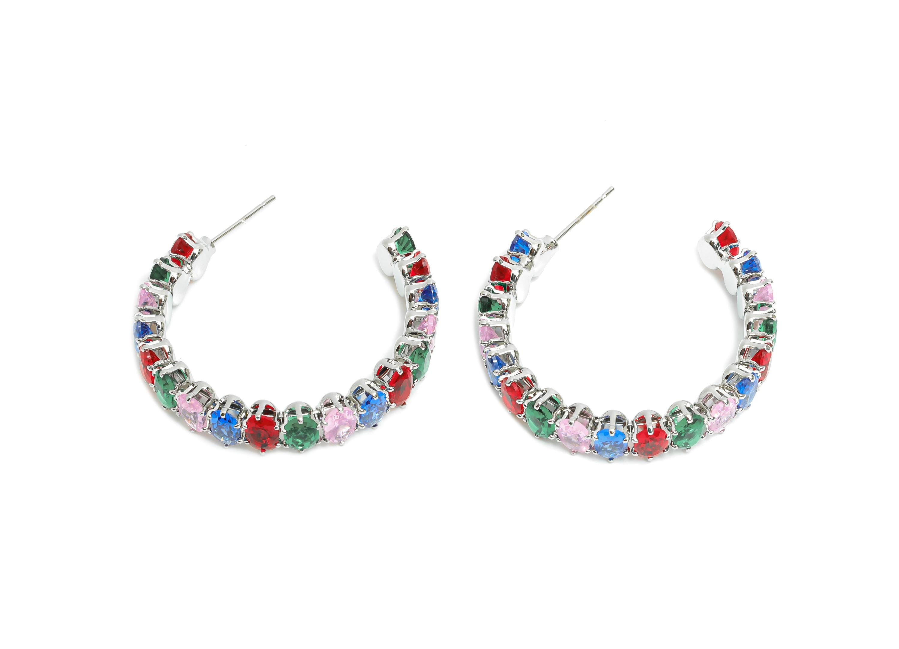 Sparkling C Hoop Post - Inlay Oval Colorful Glass Earring Stud - Luxurious Silver Brass Jewelry -18K White Gold Plated -35.5x30x7mm-RGP9947S - DOMEDBAZAAR