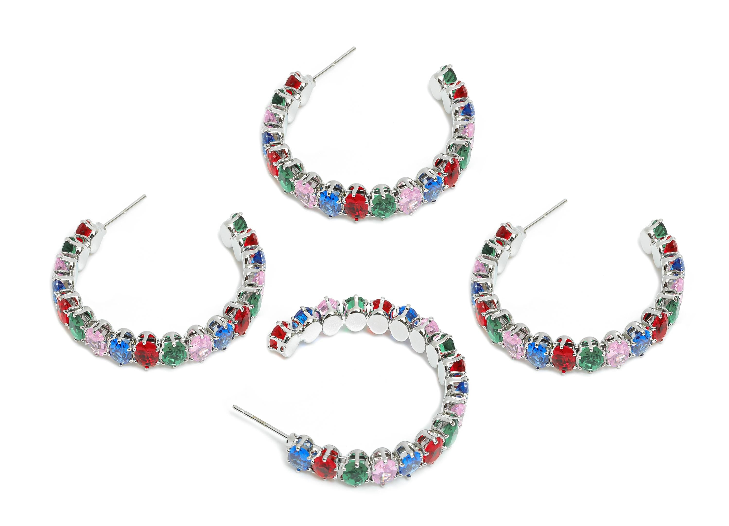 Sparkling C Hoop Post - Inlay Oval Colorful Glass Earring Stud - Luxurious Silver Brass Jewelry -18K White Gold Plated -35.5x30x7mm-RGP9947S - DOMEDBAZAAR