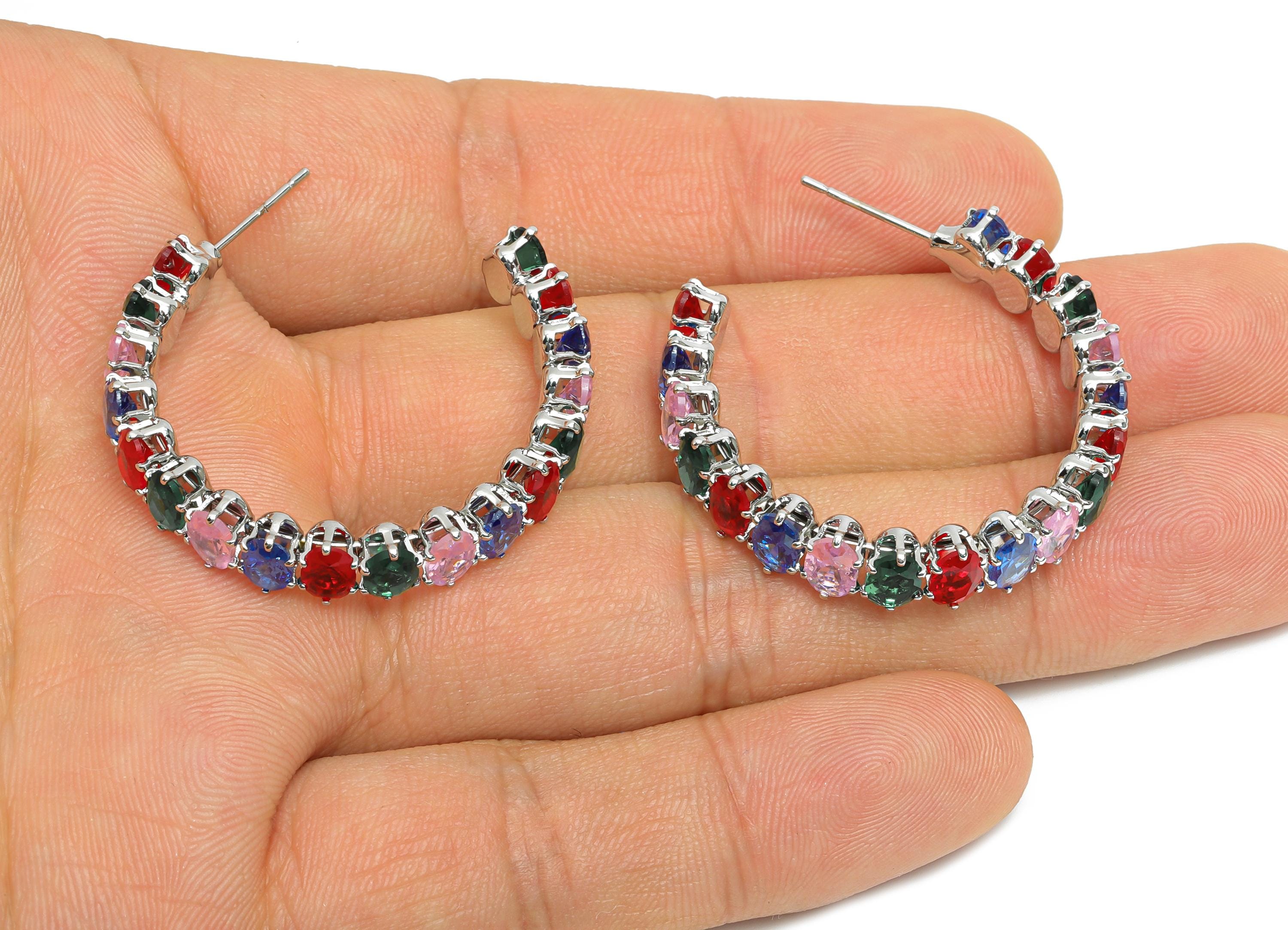 Sparkling C Hoop Post - Inlay Oval Colorful Glass Earring Stud - Luxurious Silver Brass Jewelry -18K White Gold Plated -35.5x30x7mm-RGP9947S - DOMEDBAZAAR