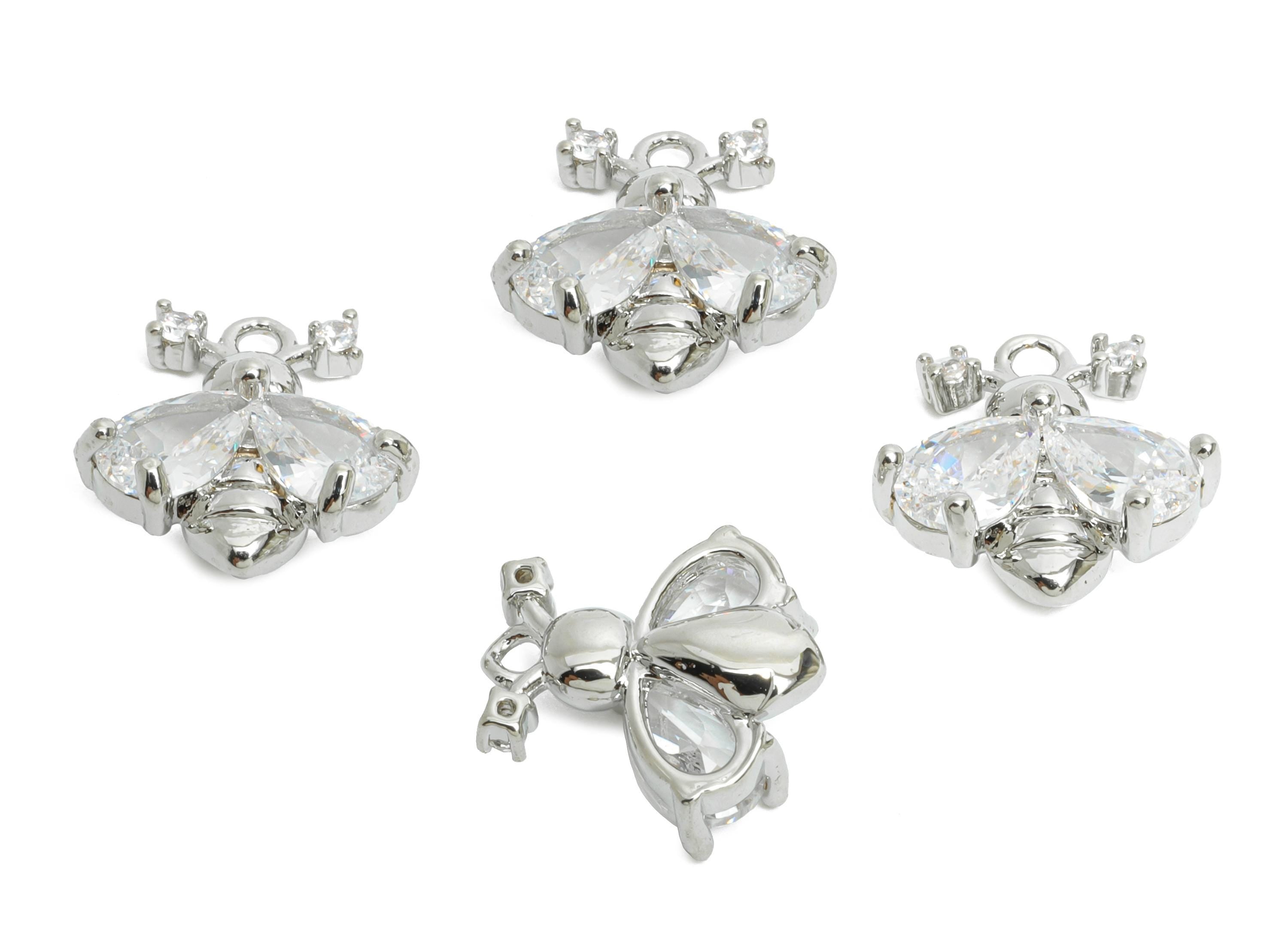 Brass Bee Earring Charm - Sparking Teardrop Faceted Cubic Zircon Charm - Insect Mini Charm - 18K Real White Gold Plated - 11x11x4mm-RGP9917S - DOMEDBAZAAR