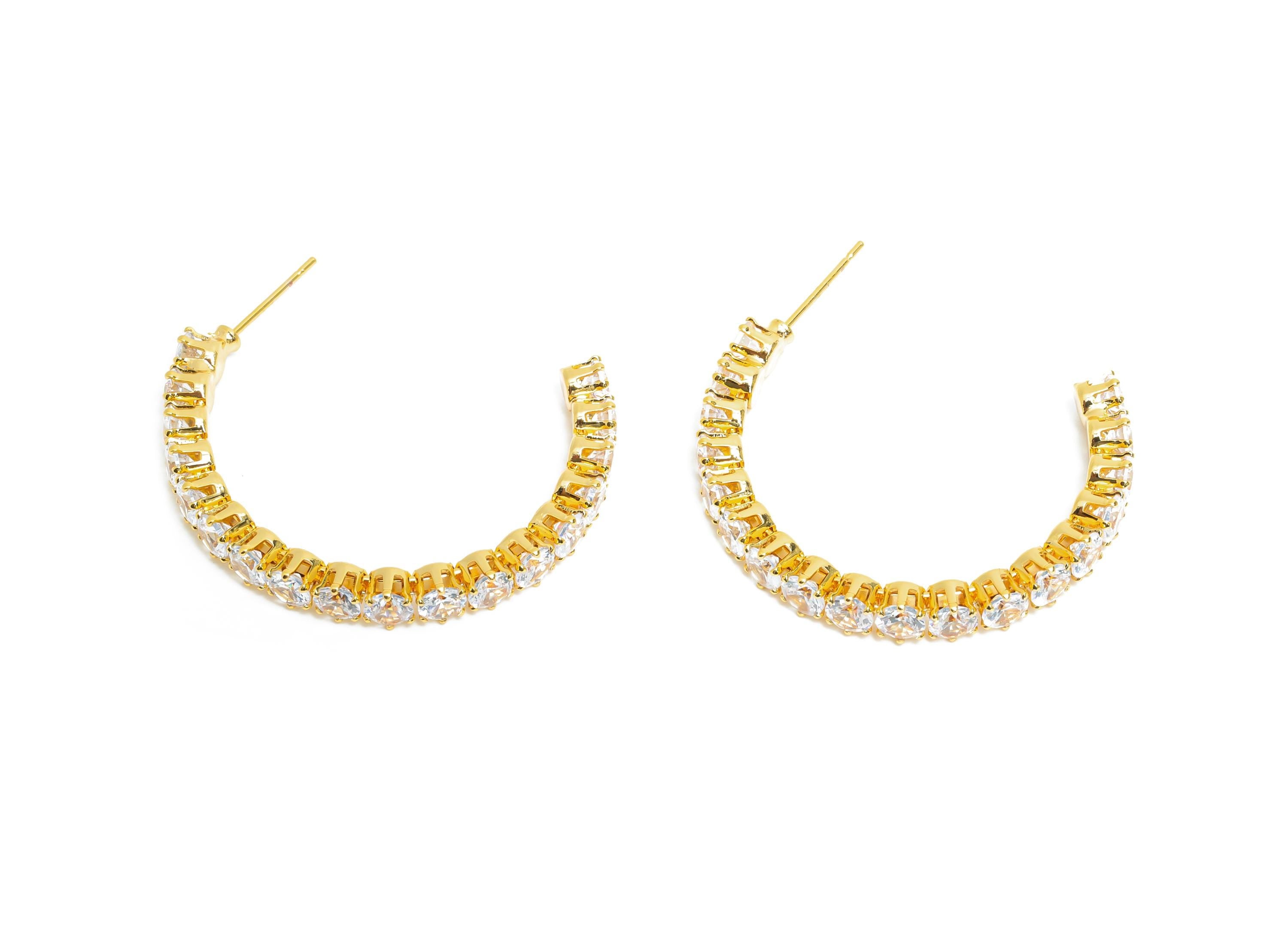 Sparkling C Hoop Post - Inlay Circle Glass Earring Studs - Opulent Gold Brass Jewelry - 18K Real Gold Plated - 34.6x27.53x4.77mm - RGP9939 - DOMEDBAZAAR