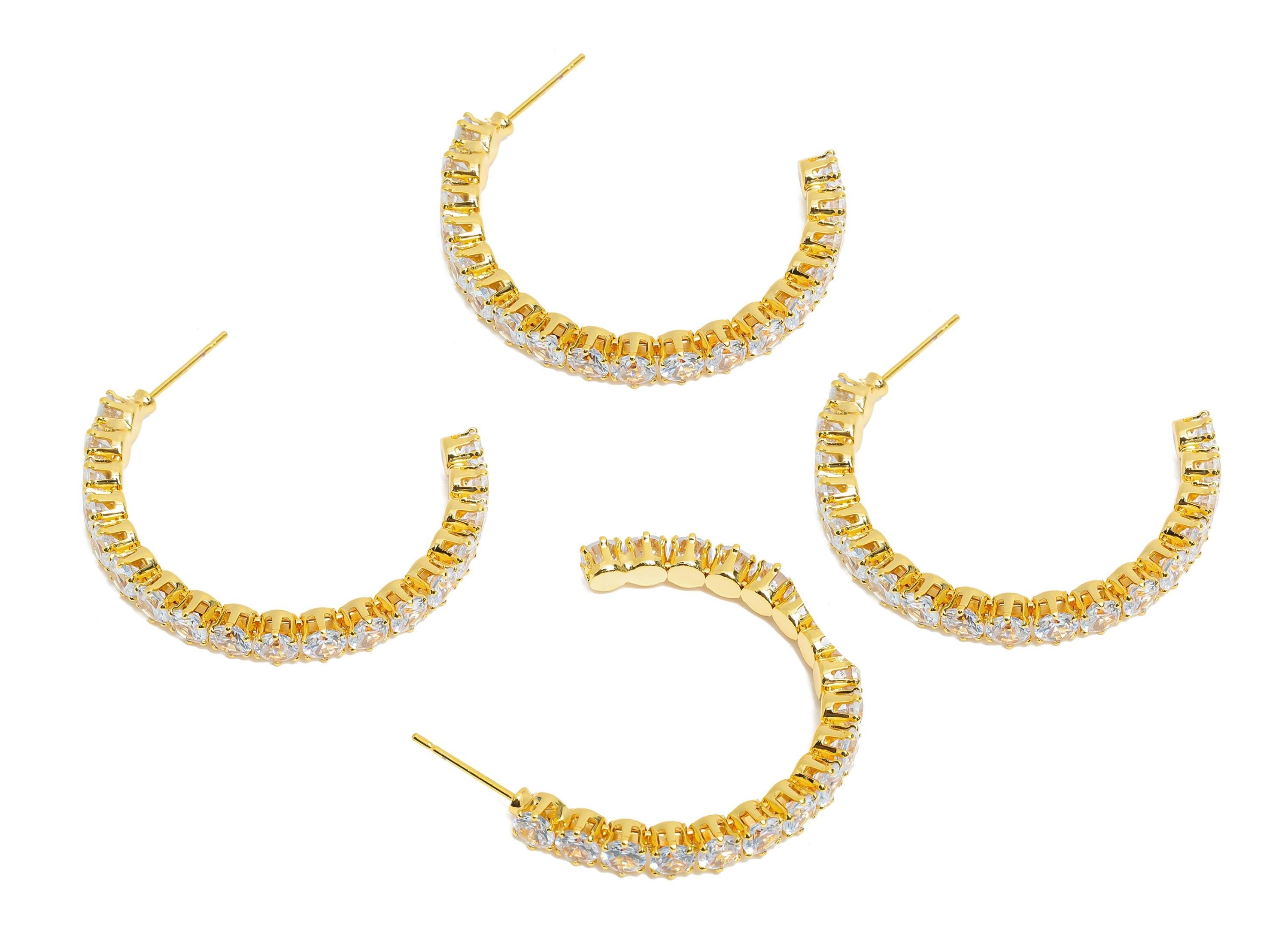 Sparkling C Hoop Post - Inlay Circle Glass Earring Studs - Opulent Gold Brass Jewelry - 18K Real Gold Plated - 34.6x27.53x4.77mm - RGP9939 - DOMEDBAZAAR